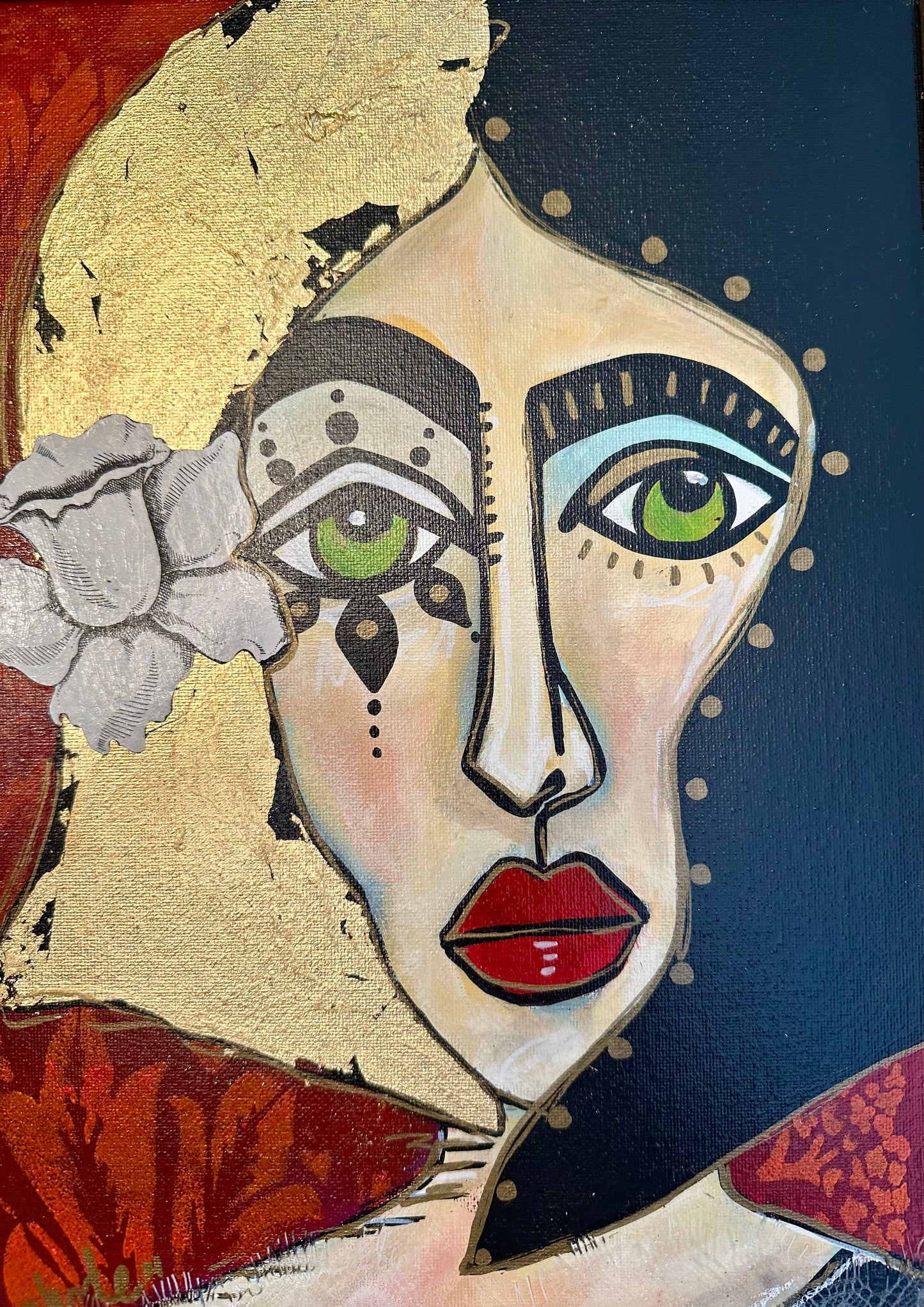 Original painting on canvas board w/ ornate frame 17x21”Abstract Portrait w/ mixed media collage/gold leaf