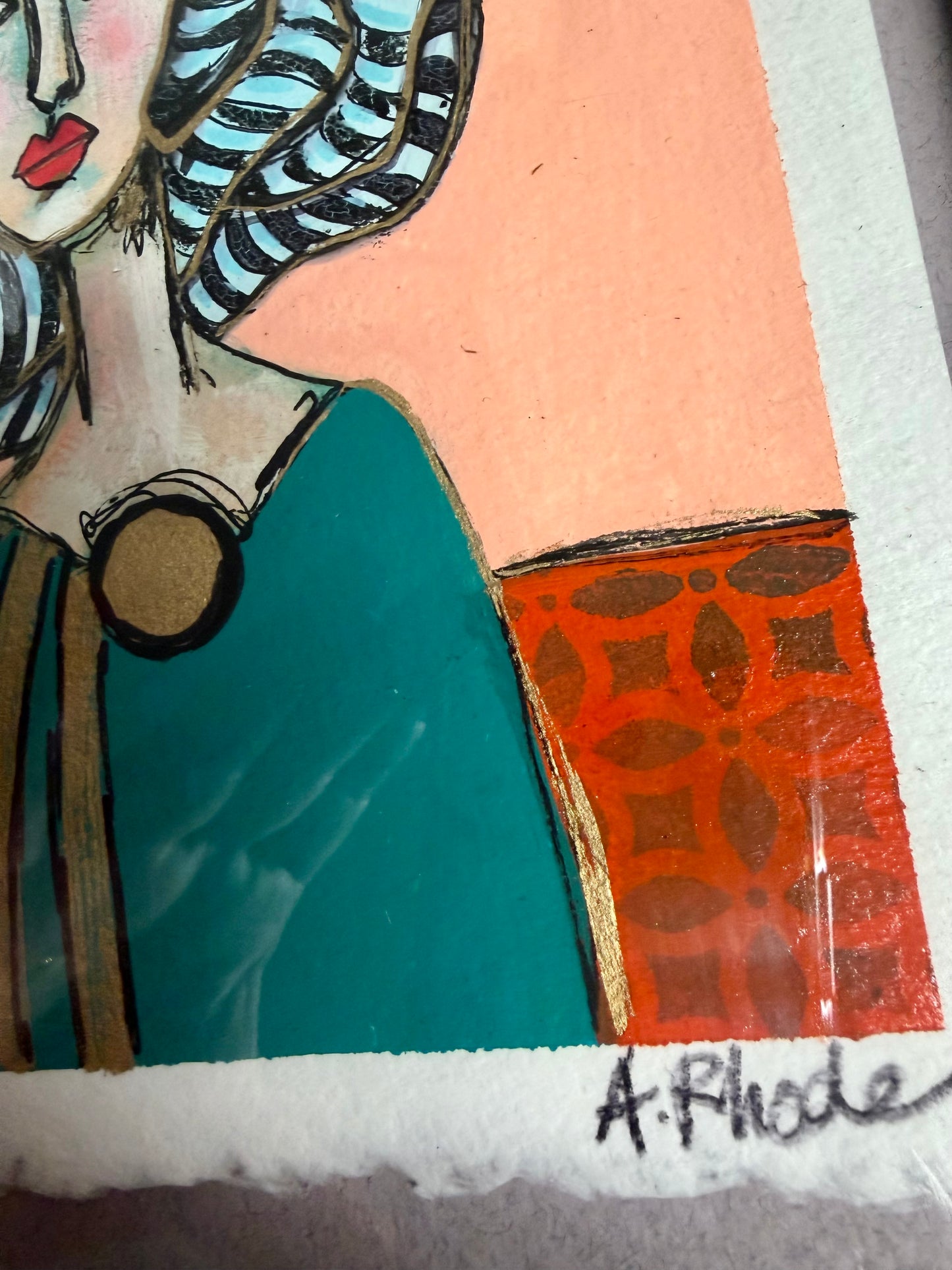 Original,signed painting/mixed media collage portrait on heavyweight archival paper/board in black frame 10.5x13