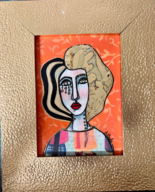 Original,signed painting-mixed media portrait on canvas in gold frame 9x11