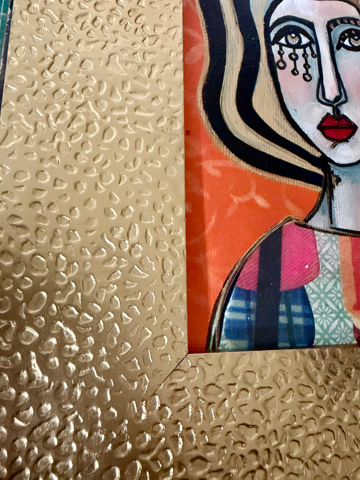 Original,signed painting-mixed media portrait on canvas in gold frame 9x11