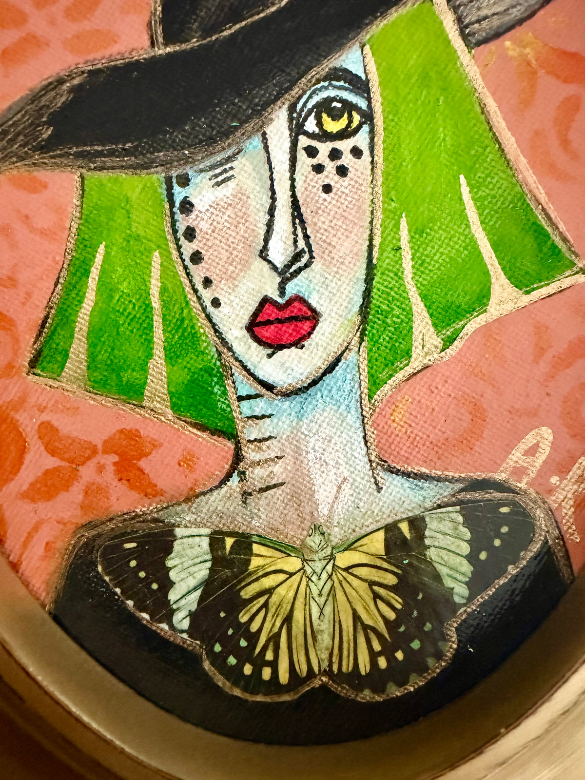 Original,signed oval mini Witch painting & mixed media on canvas board in gold frame 8x9”