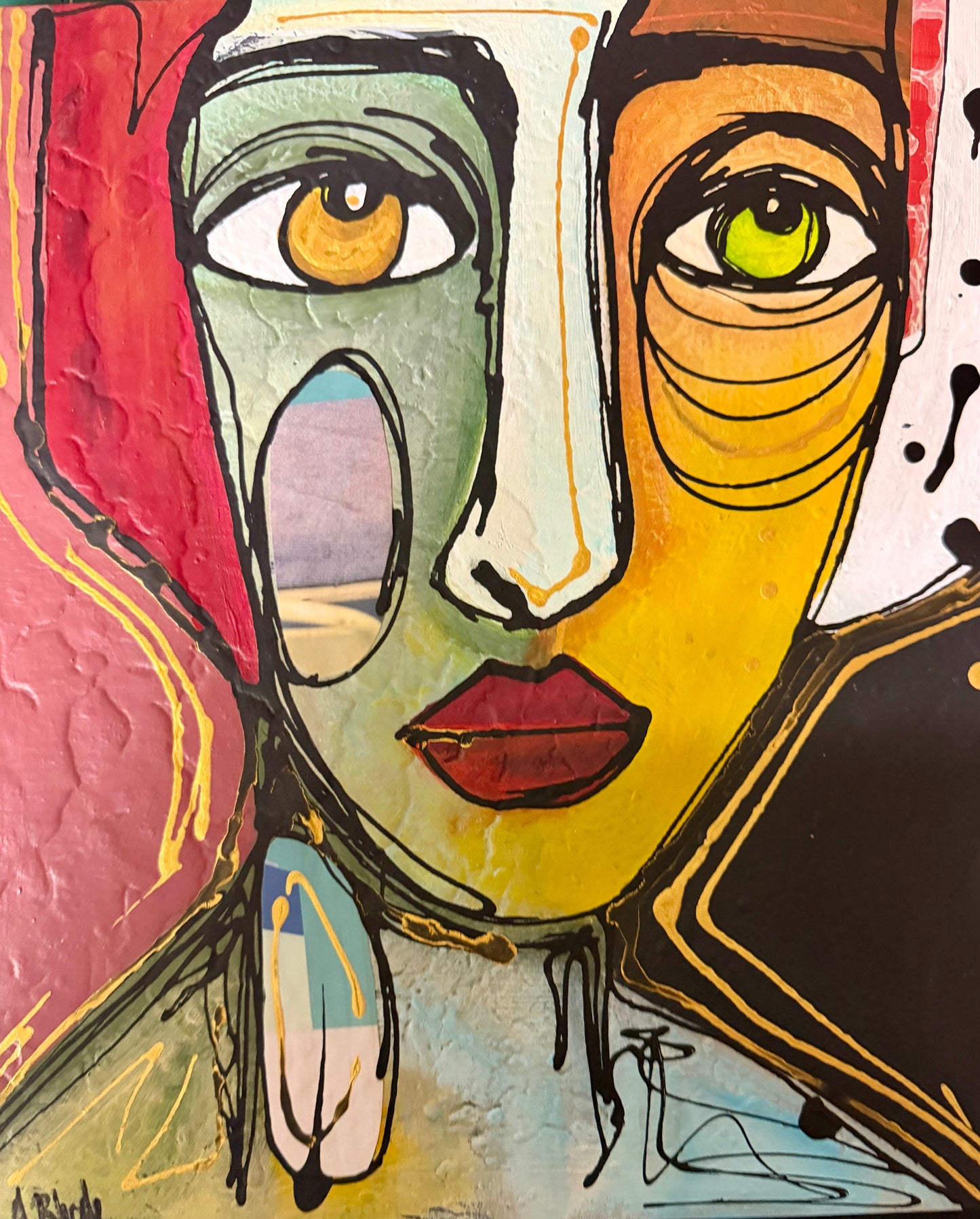 Original, signed mixed media painting/collage on boxed framed wood panel   Abstract portrait w/mixed media -12x12”