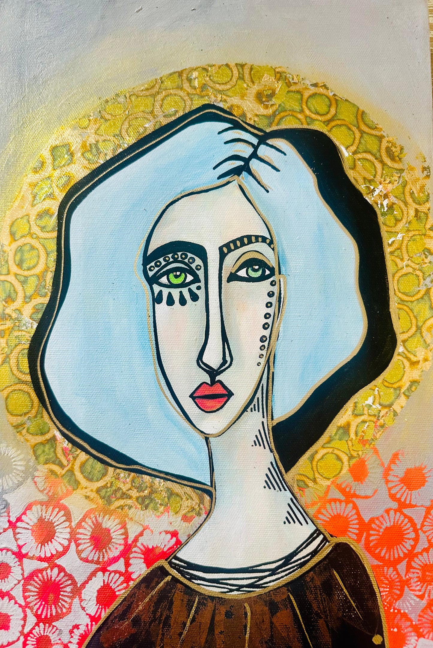 Original, signed painting-10x20” wide pained edge canvas: Abstract portrait w/ mixed media