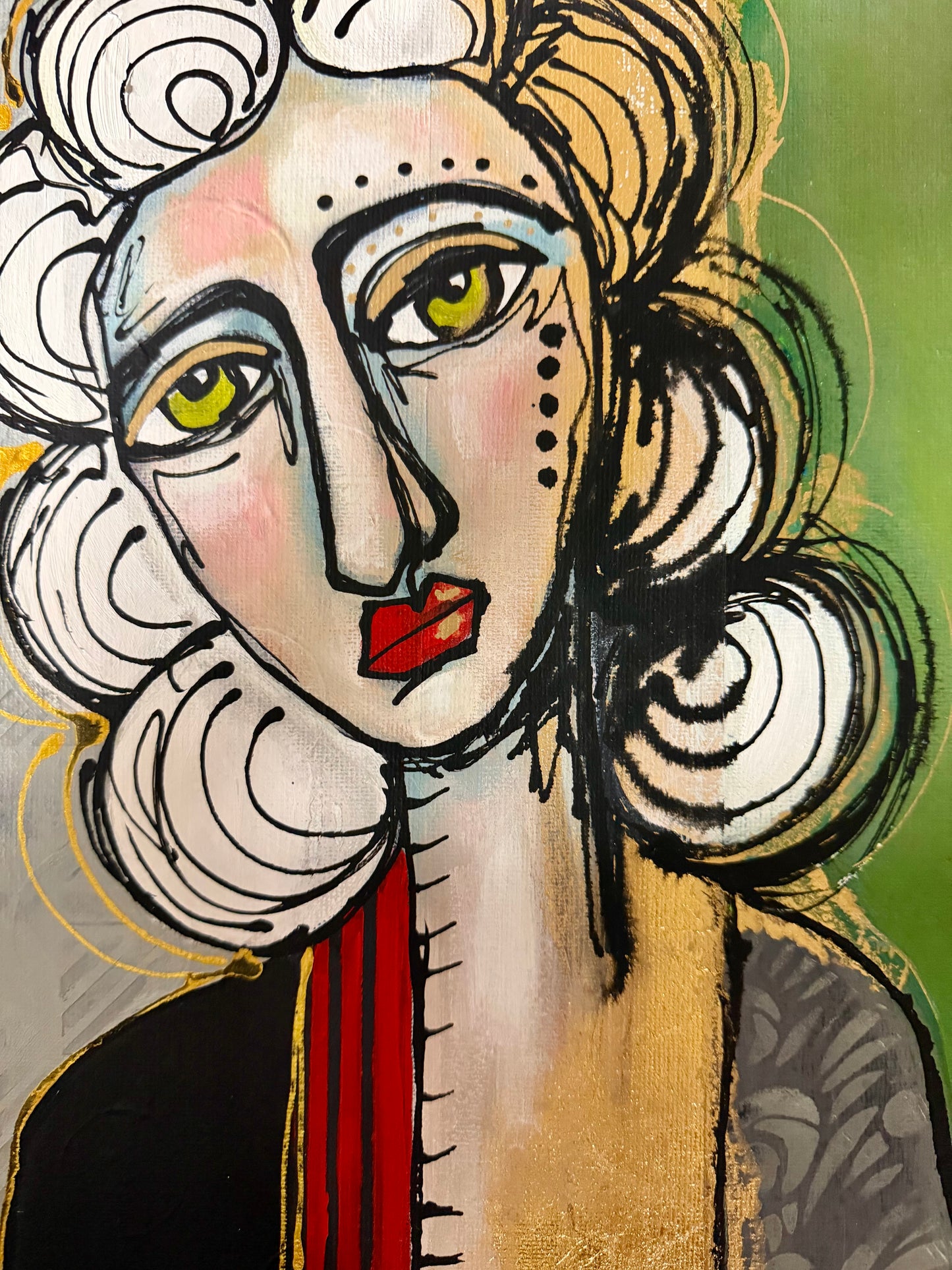 Original, signed painting on canvas  Abstract portrait w/mixed media - square 12x12”