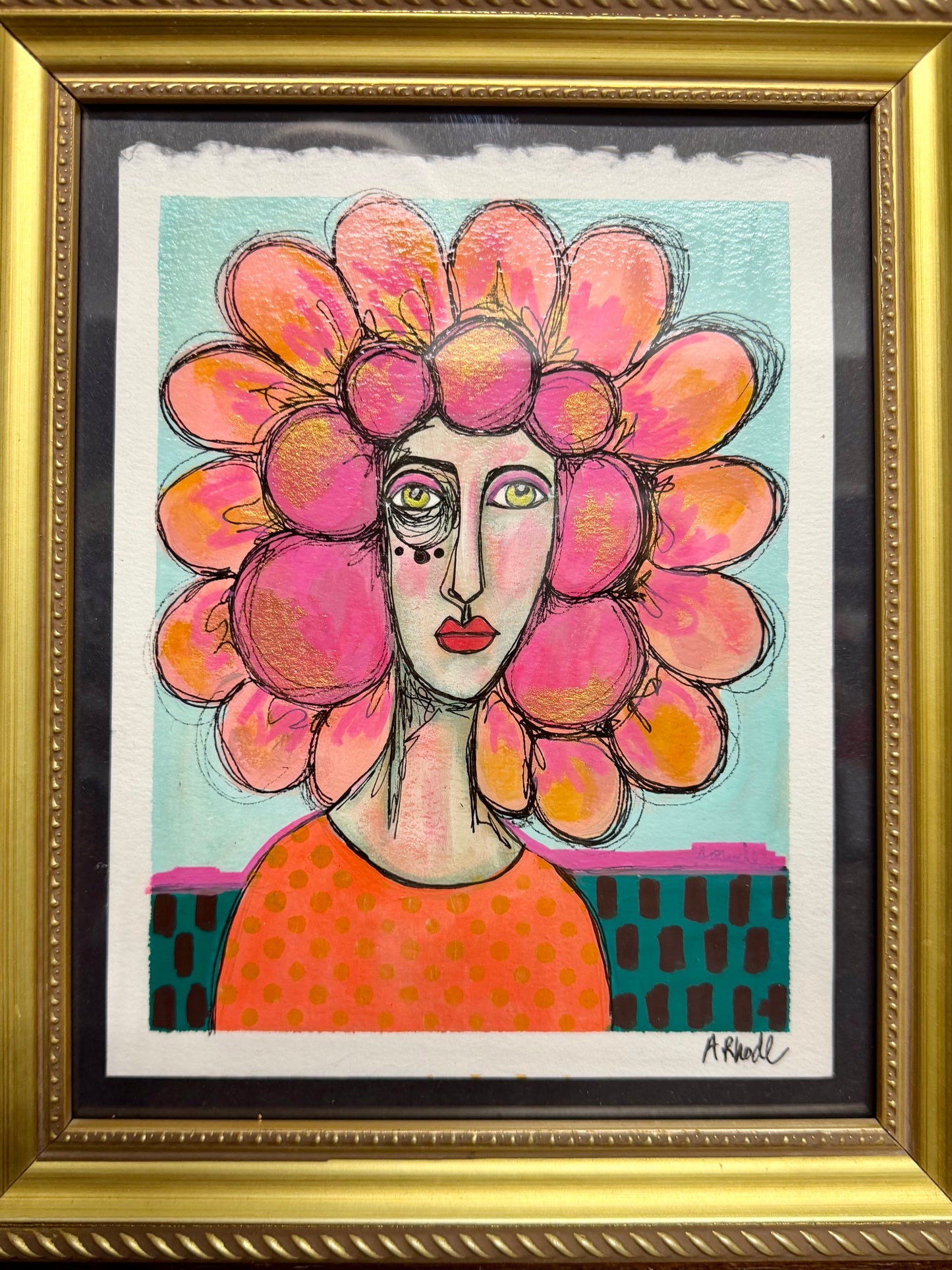 Original,signed painting/mixed media collage portrait on heavyweight archival paper/board in gold frame 10x12