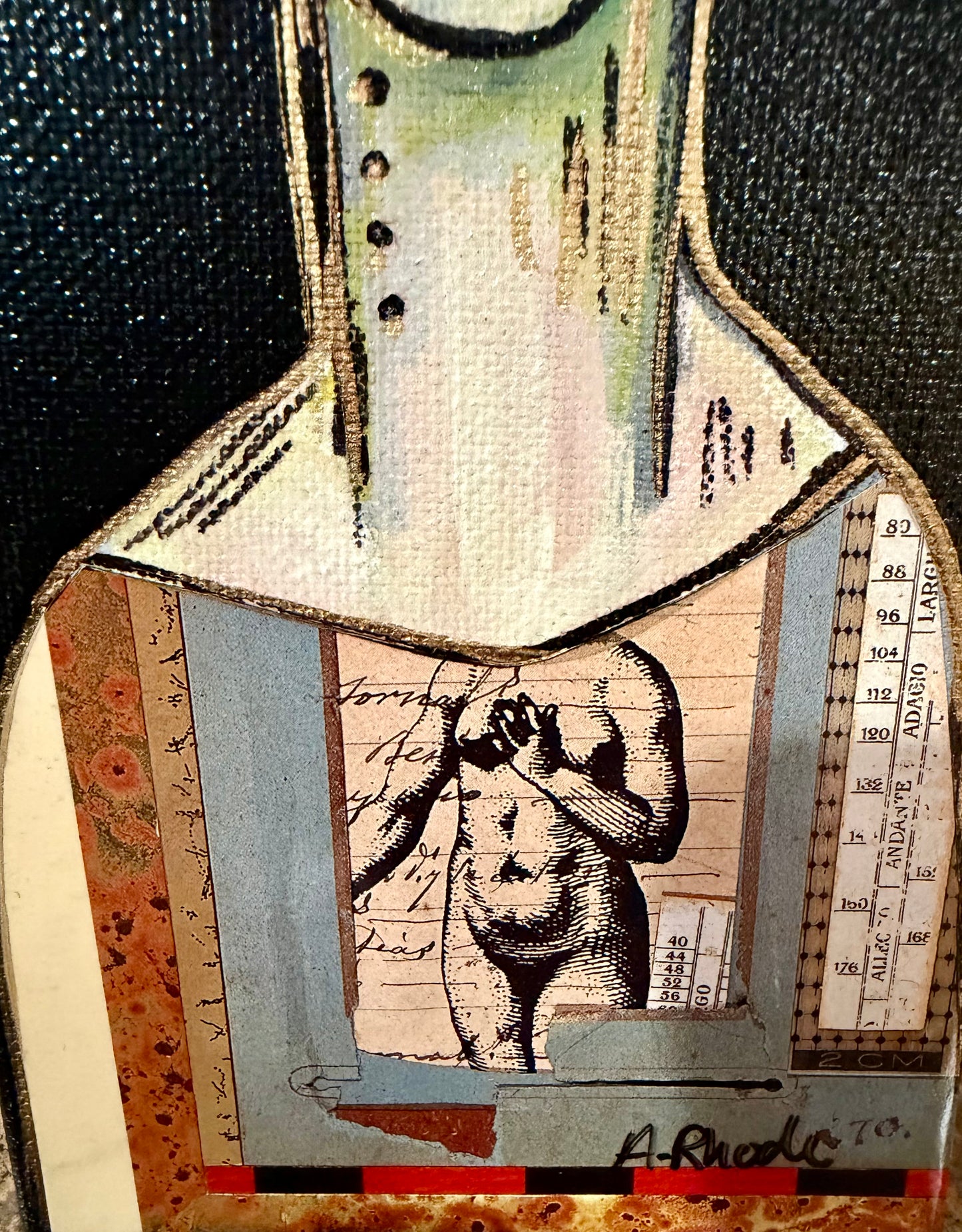 Original, signed mini /slender painting on canvas  Abstract portrait w/mixed media 4x12”