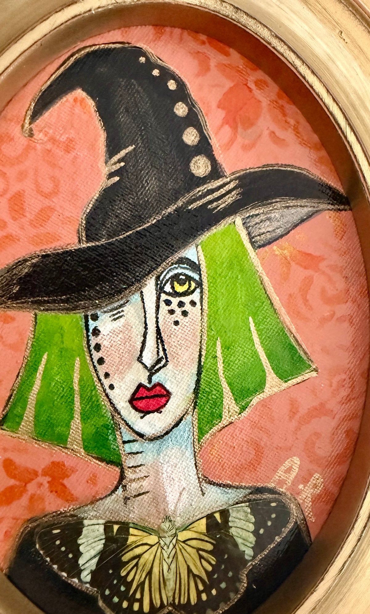 Original,signed oval mini Witch painting & mixed media on canvas board in gold frame 8x9”