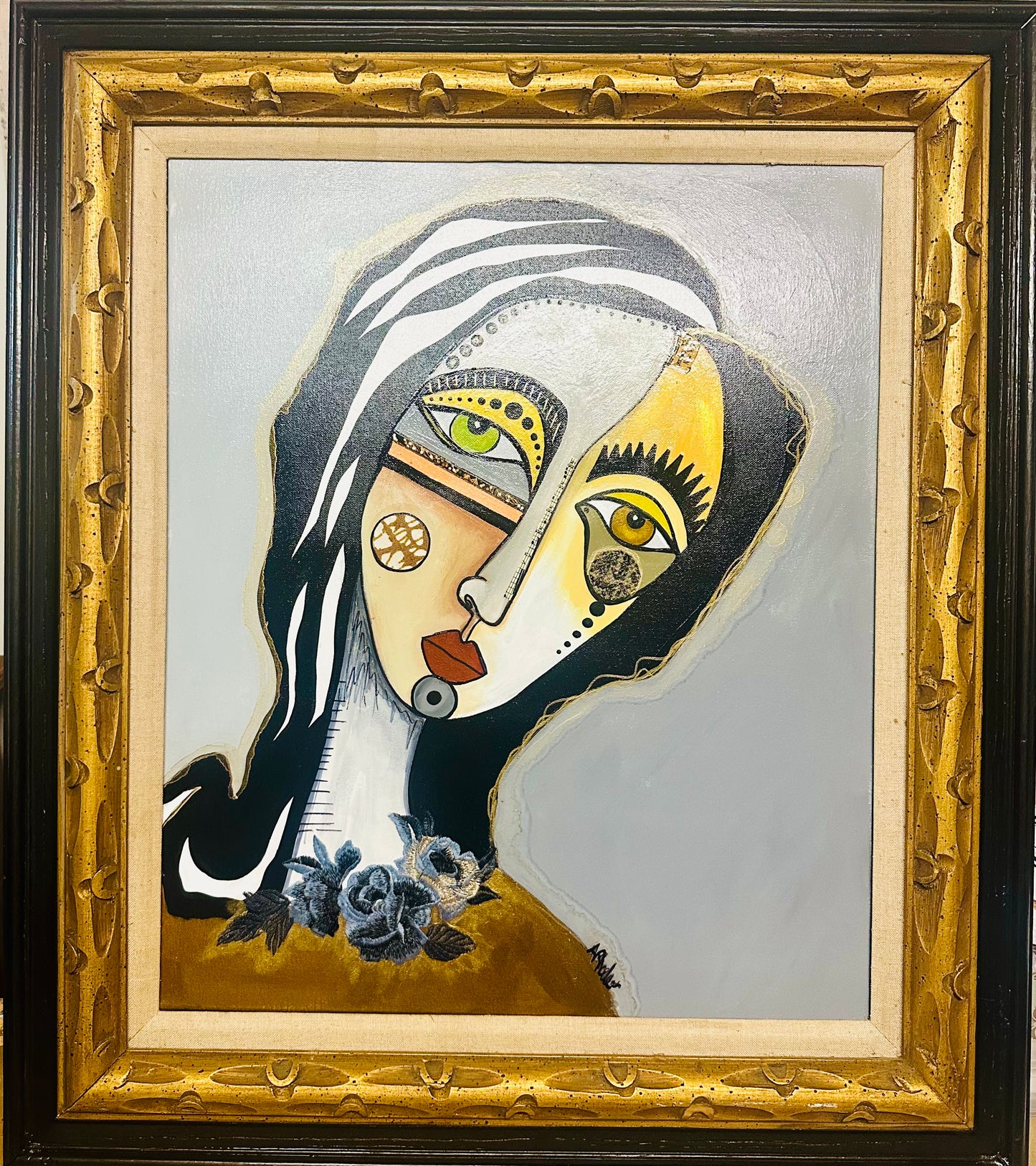 Original painting on canvas - ornate vintage frame-28.5x32.5 Abstract Portrait-w/ mixed media collage.