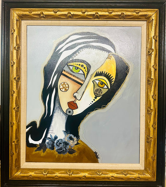 Original painting on canvas - ornate vintage frame-28.5x32.5 Abstract Portrait-w/ mixed media collage.