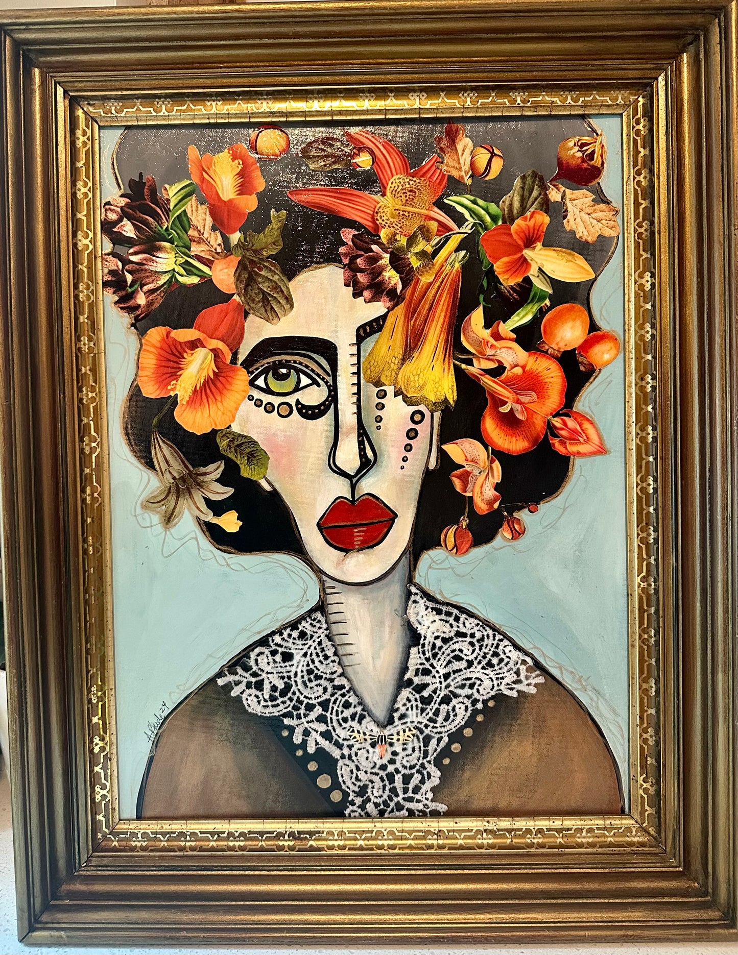 Original painting & mixed media on canvas board in vintage frame 19x24 Abstract Portrait w/botanical collage