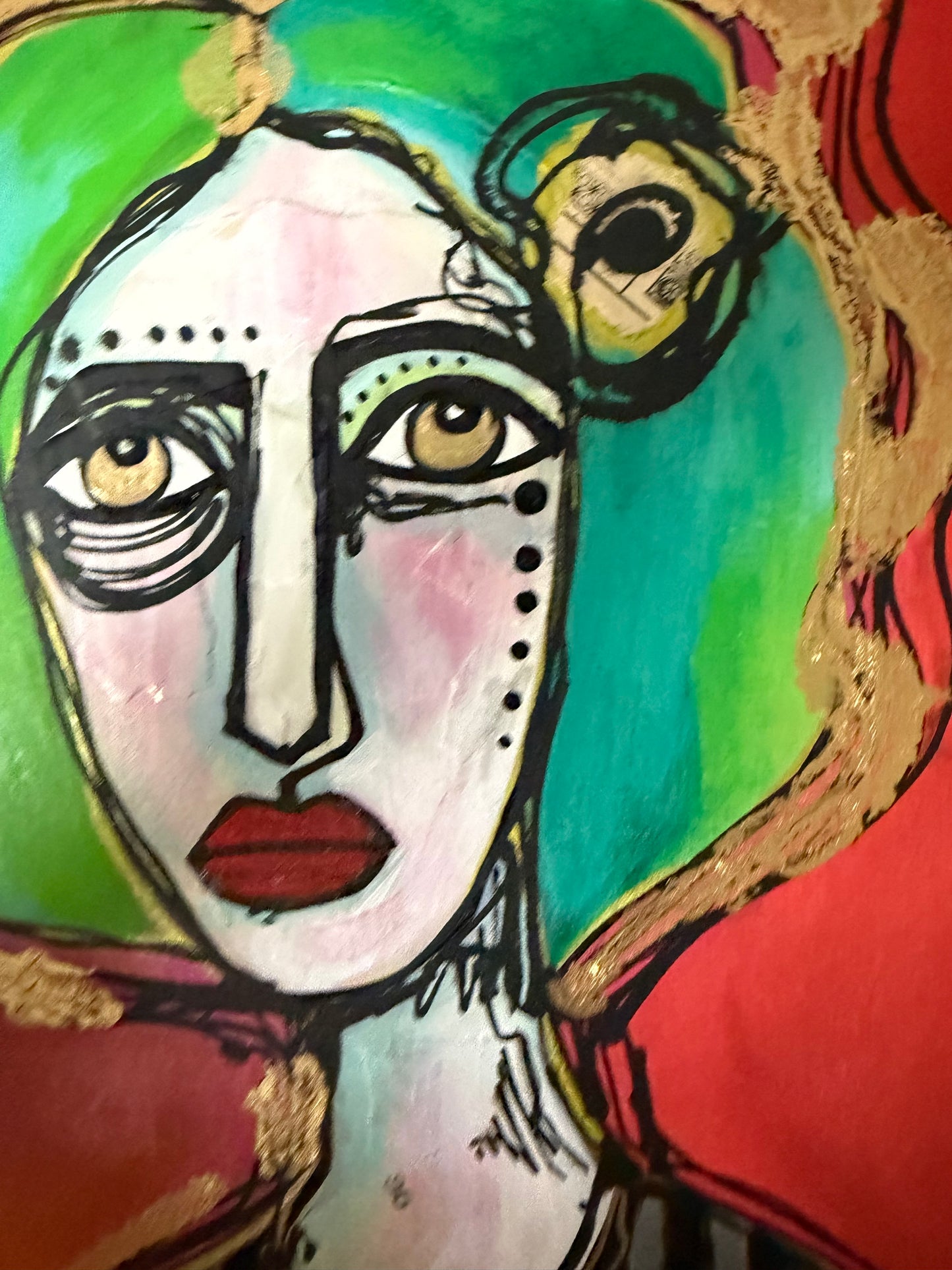 Original, signed painting on canvas  Abstract portrait w/mixed media - square 12x12”