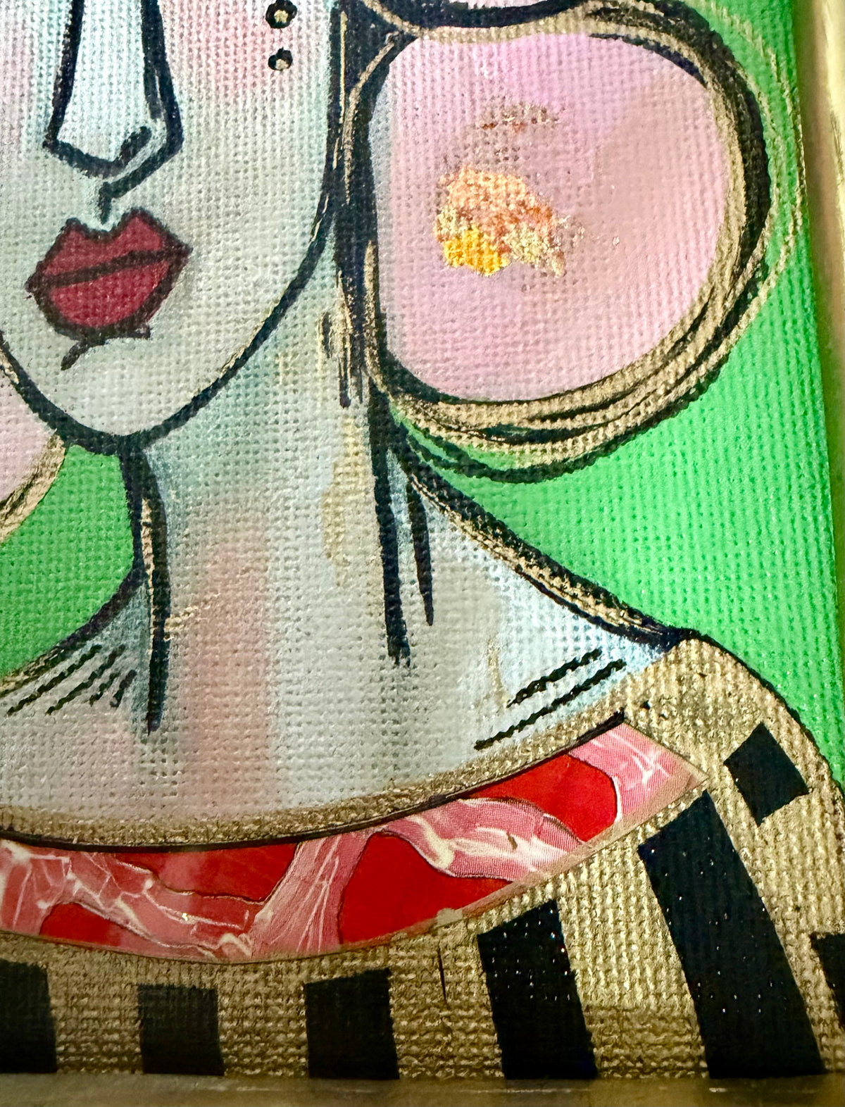 Original,signed painting-mixed media portrait on canvas in gold frame 9x11