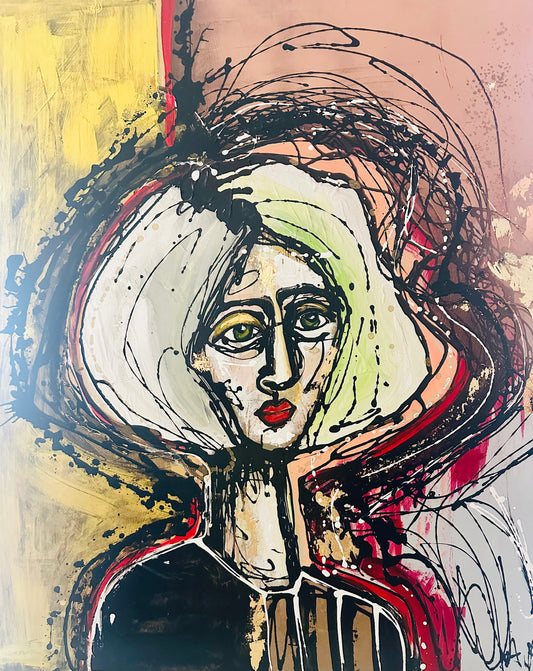 Original signed painting on wide gallery canvas. 36x36”Abstract portrait w/mixed media collage & metallic ink/gold leaf