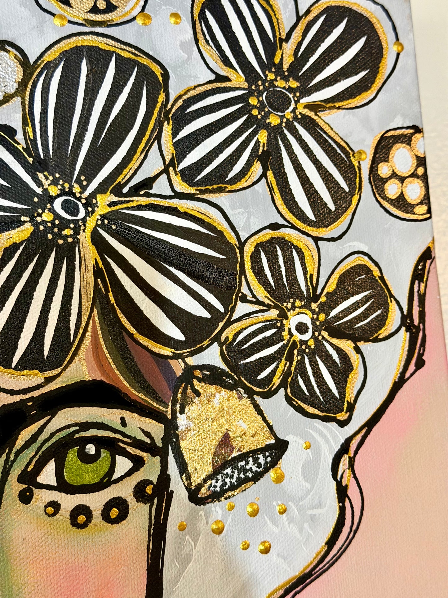 Original, signed painting-20x20”wide edge canvas: Abstract portrait with flowers/mixed media.
