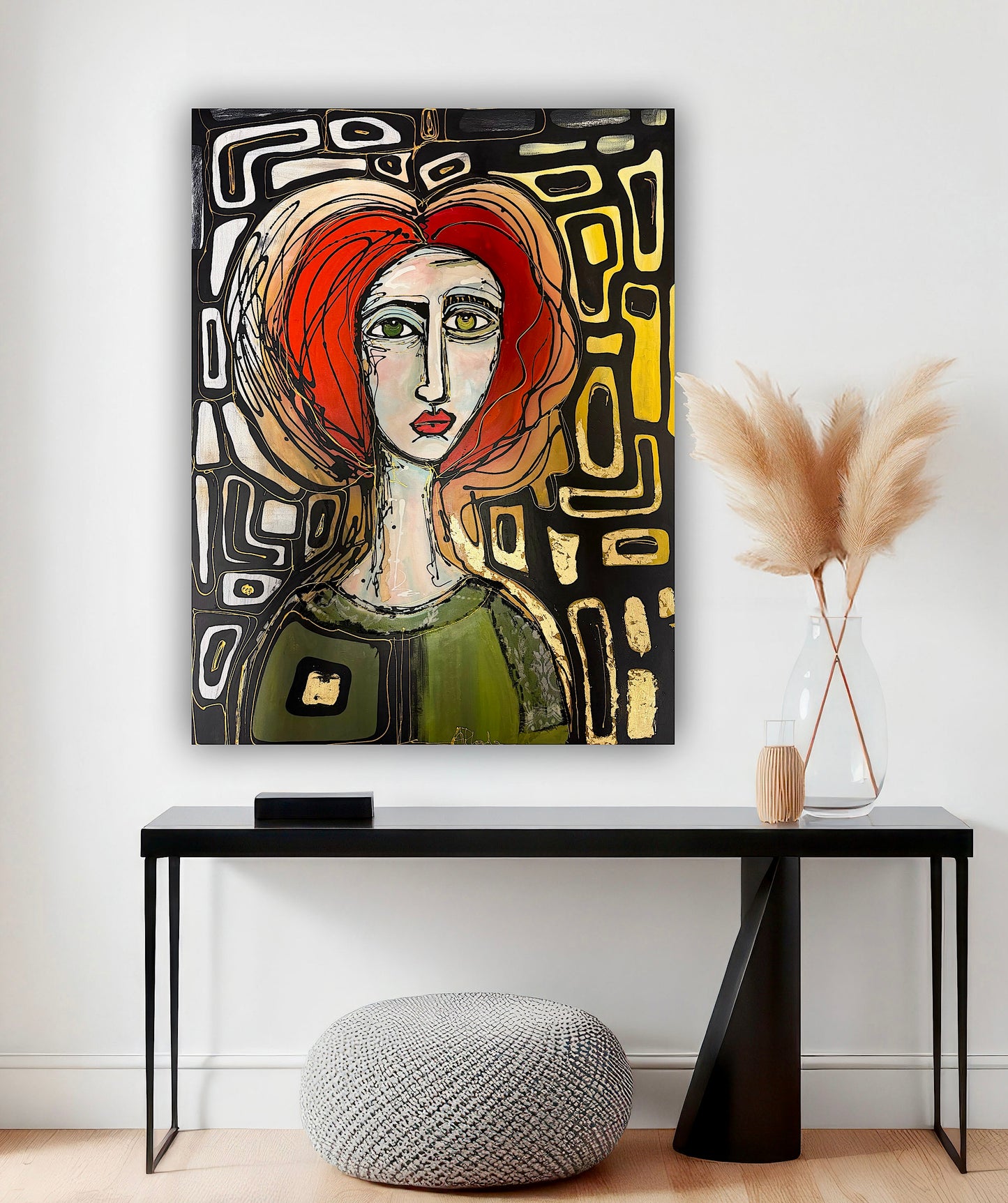 Original, signed painting-36x48” painted edge canvas: Abstract portrait with mixed media