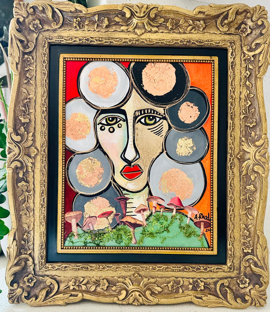 Original painting on canvas board in ornate frame 13x15 Abstract Portrait w/ mixed media collage