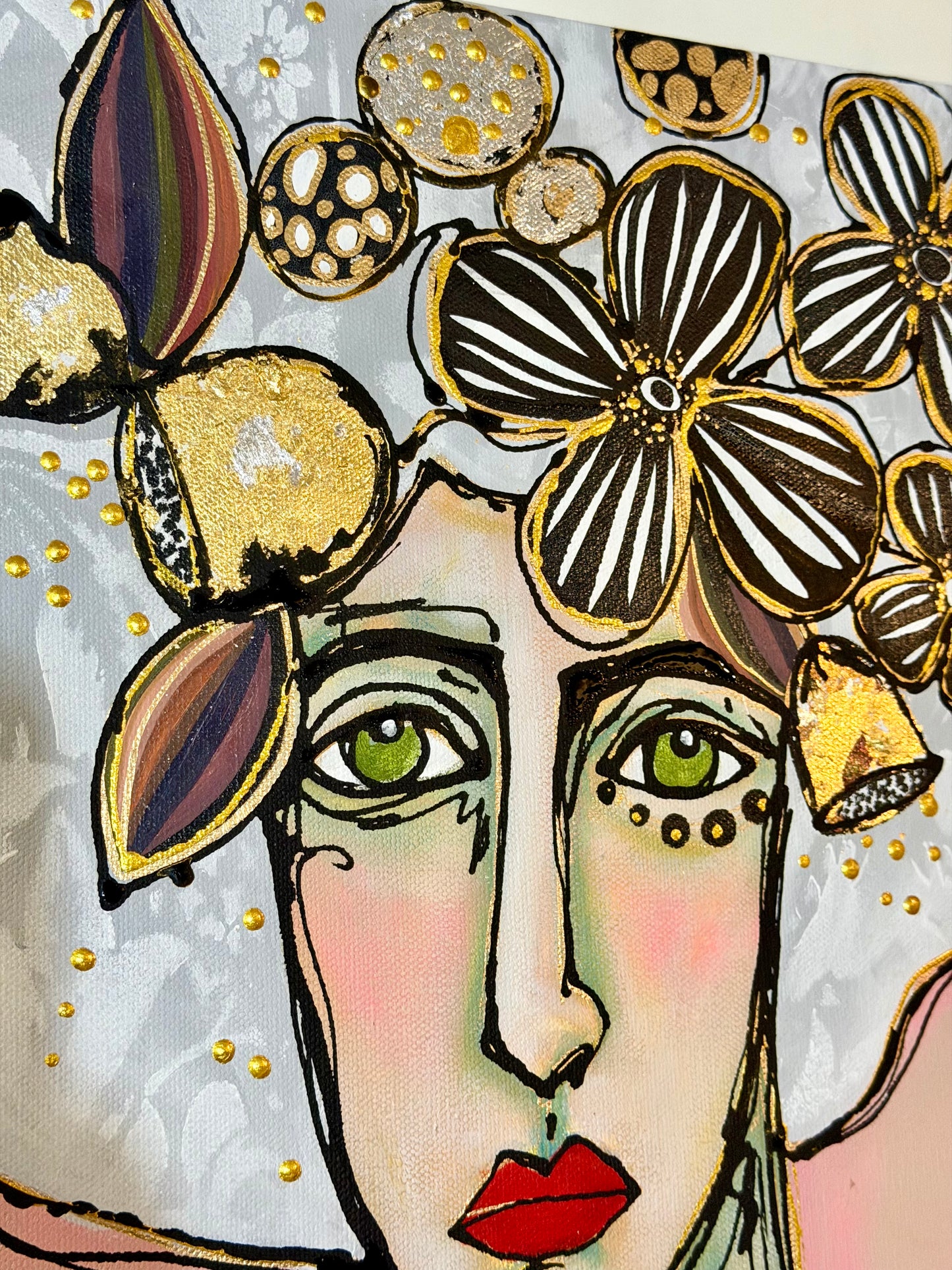 Original, signed painting-20x20”wide edge canvas: Abstract portrait with flowers/mixed media.