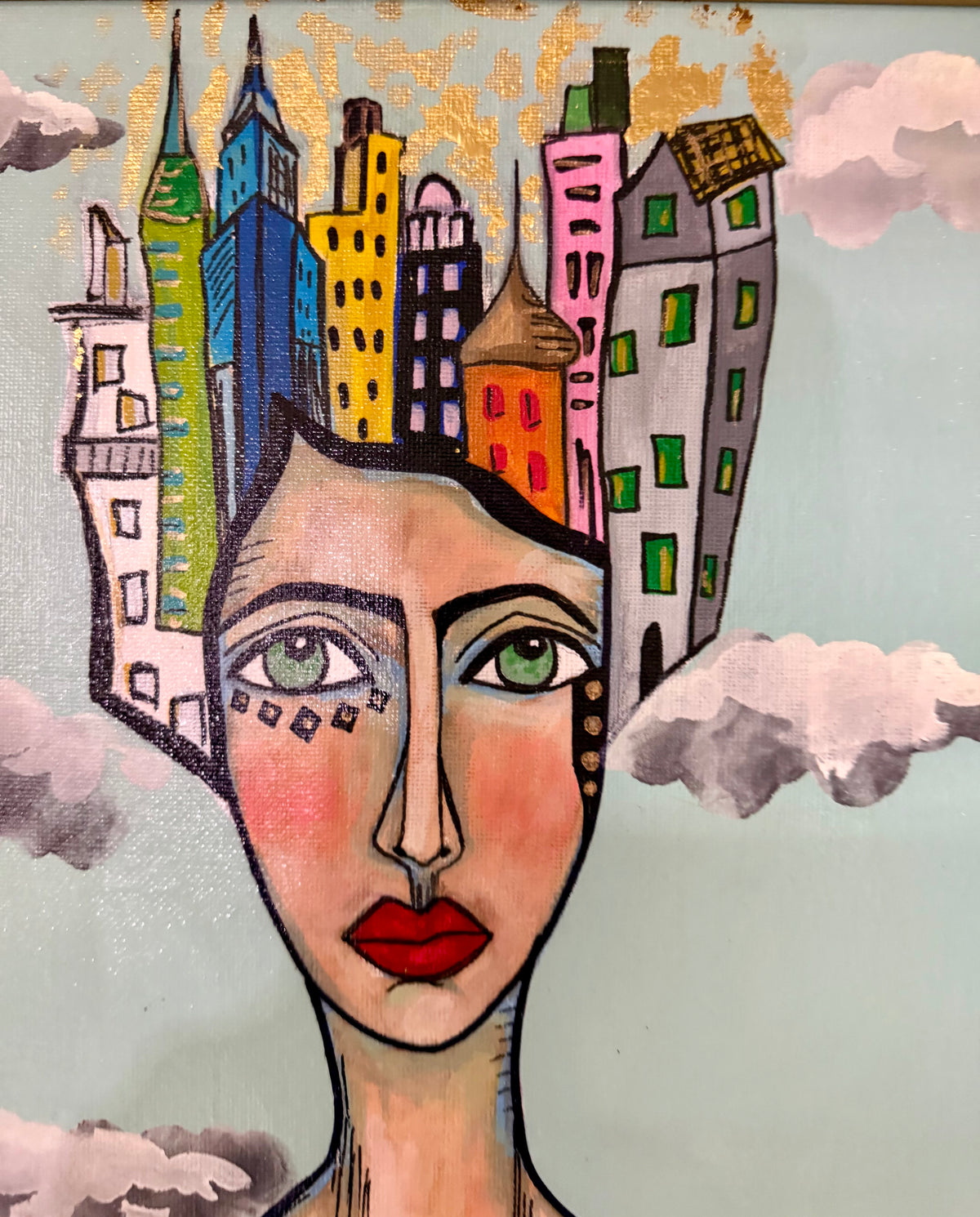 Original,signed painting-mixed media portrait on canvas in gold frame 14x17