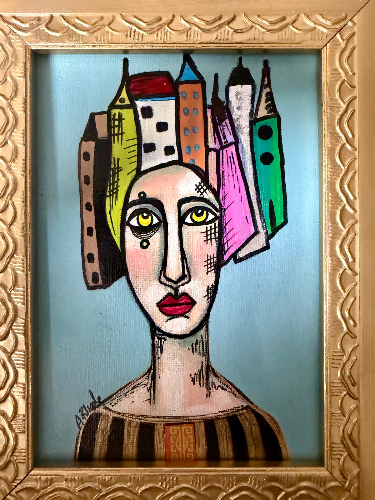 Original,signed painting-mixed media portrait on canvas in gold frame 10x12