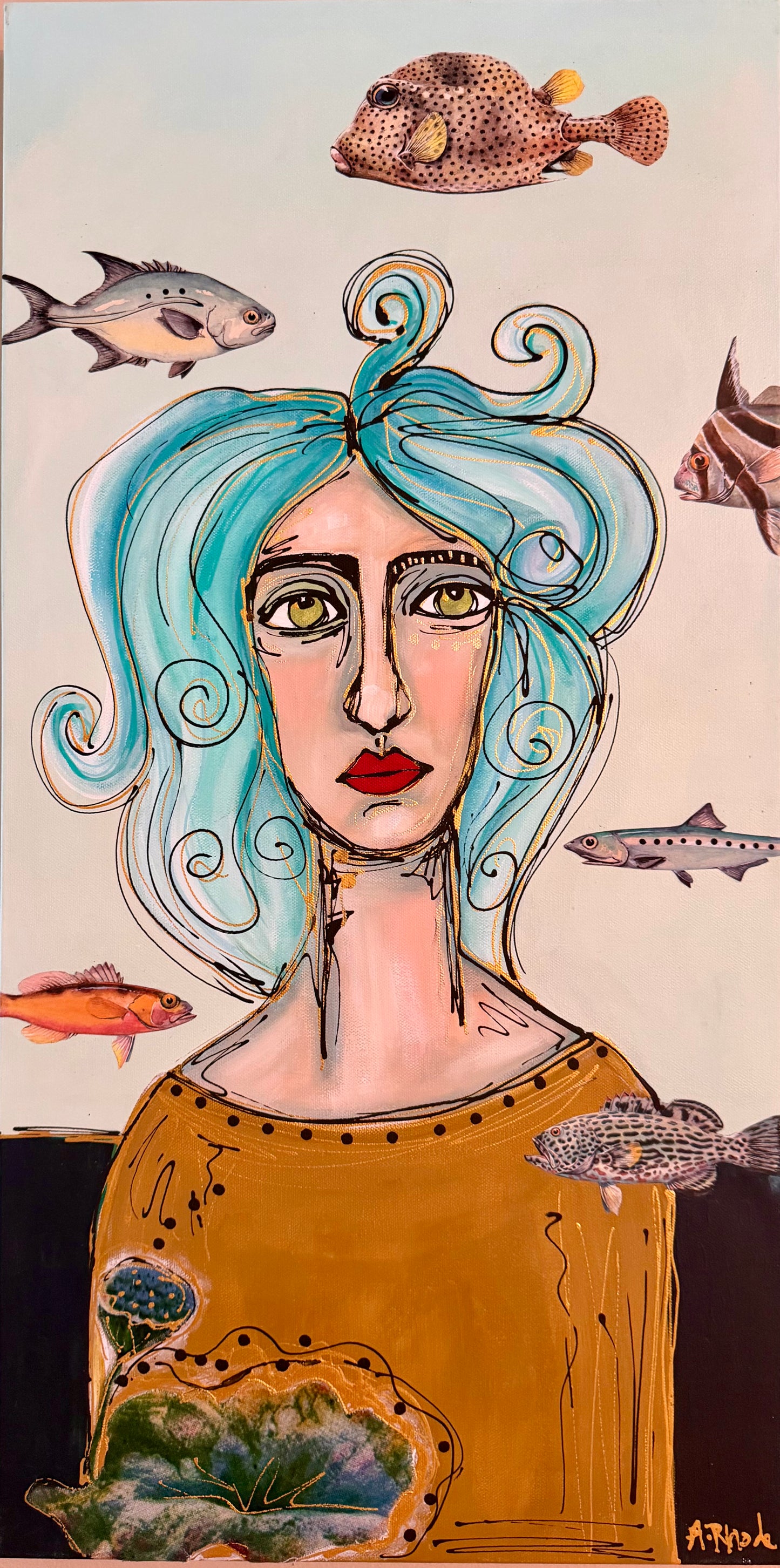 Original, signed painting-15x30”painted, wide edge canvas: Abstract portrait with mixed media collage