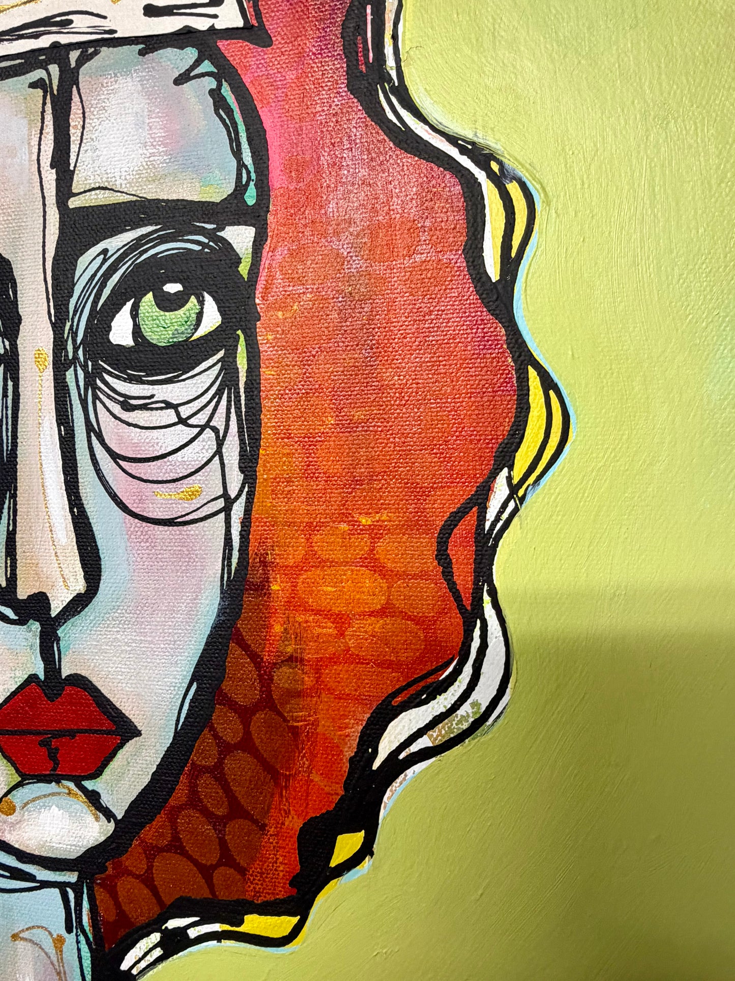 Original, signed painting-20x24”wide edge canvas: Abstract portrait with mixed media and collage edge