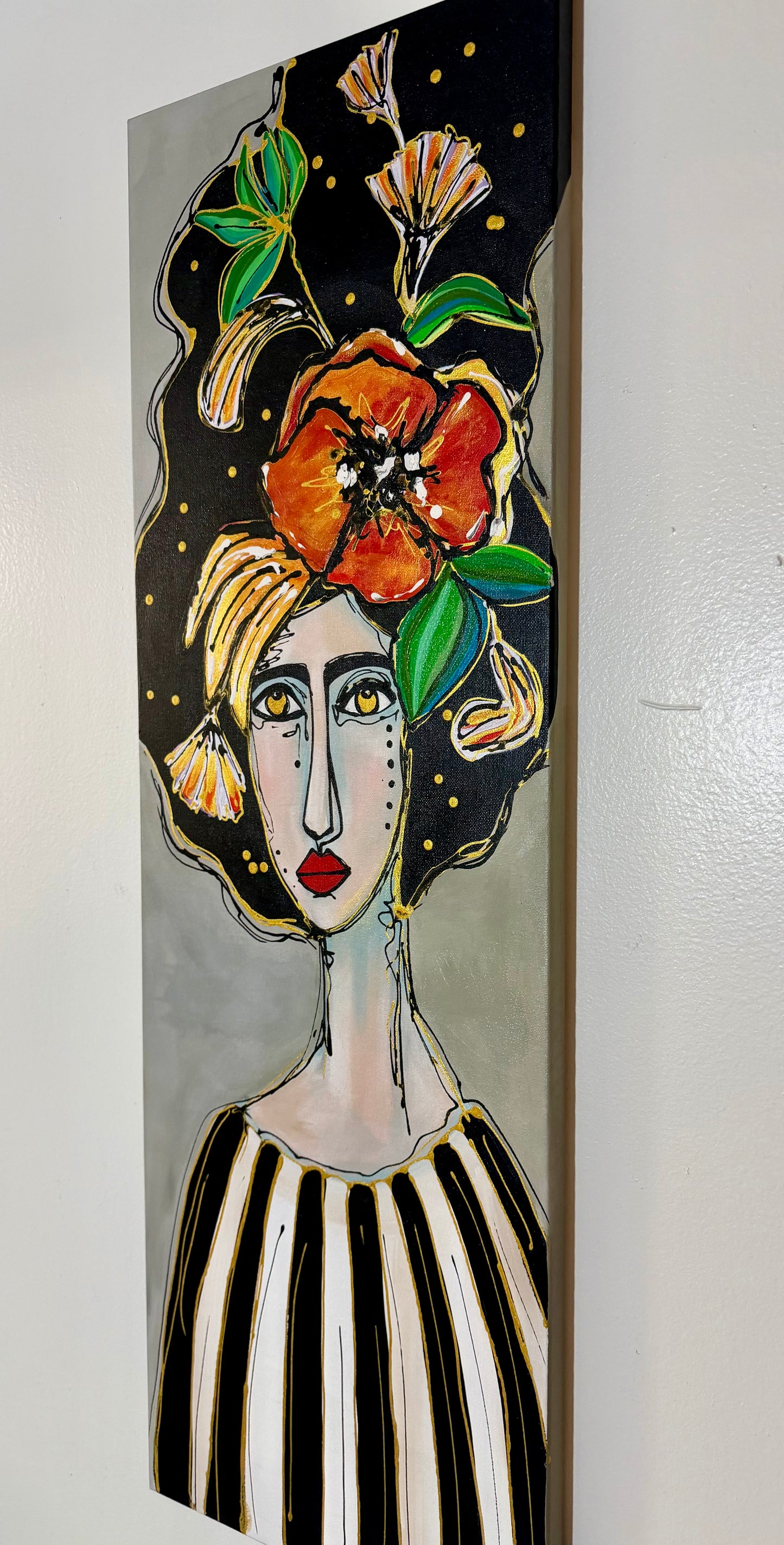 Original, signed painting-12x36” painted edge canvas: Abstract portrait with mixed media