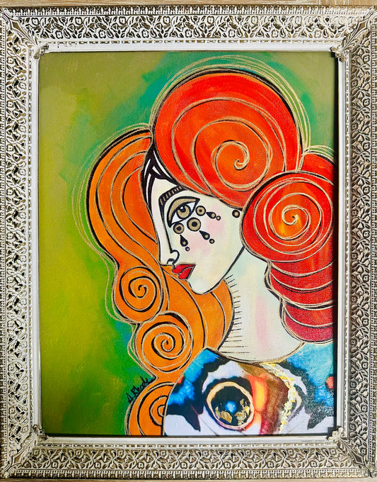 Original painting on canvas board in vintage metal frame, 13x17” Abstract portrait w/mixed media.