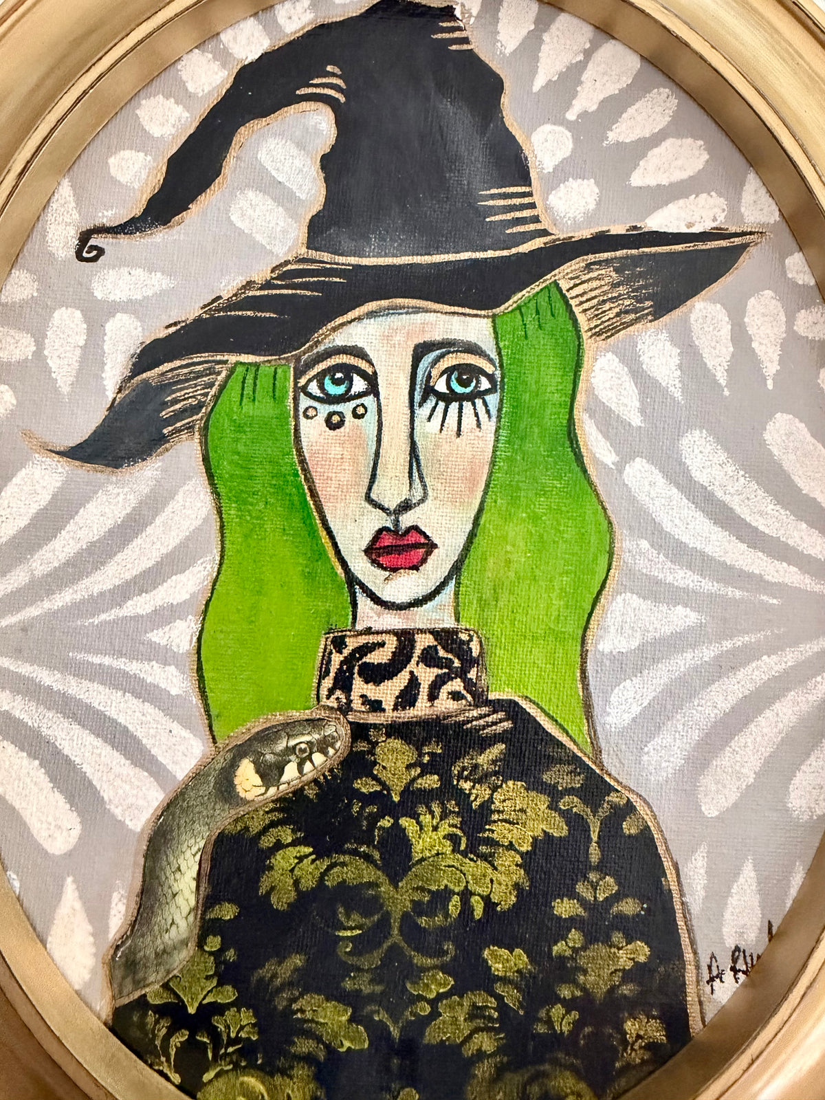Original,signed oval Witch painting & mixed media on canvas board in gold frame11x13”
