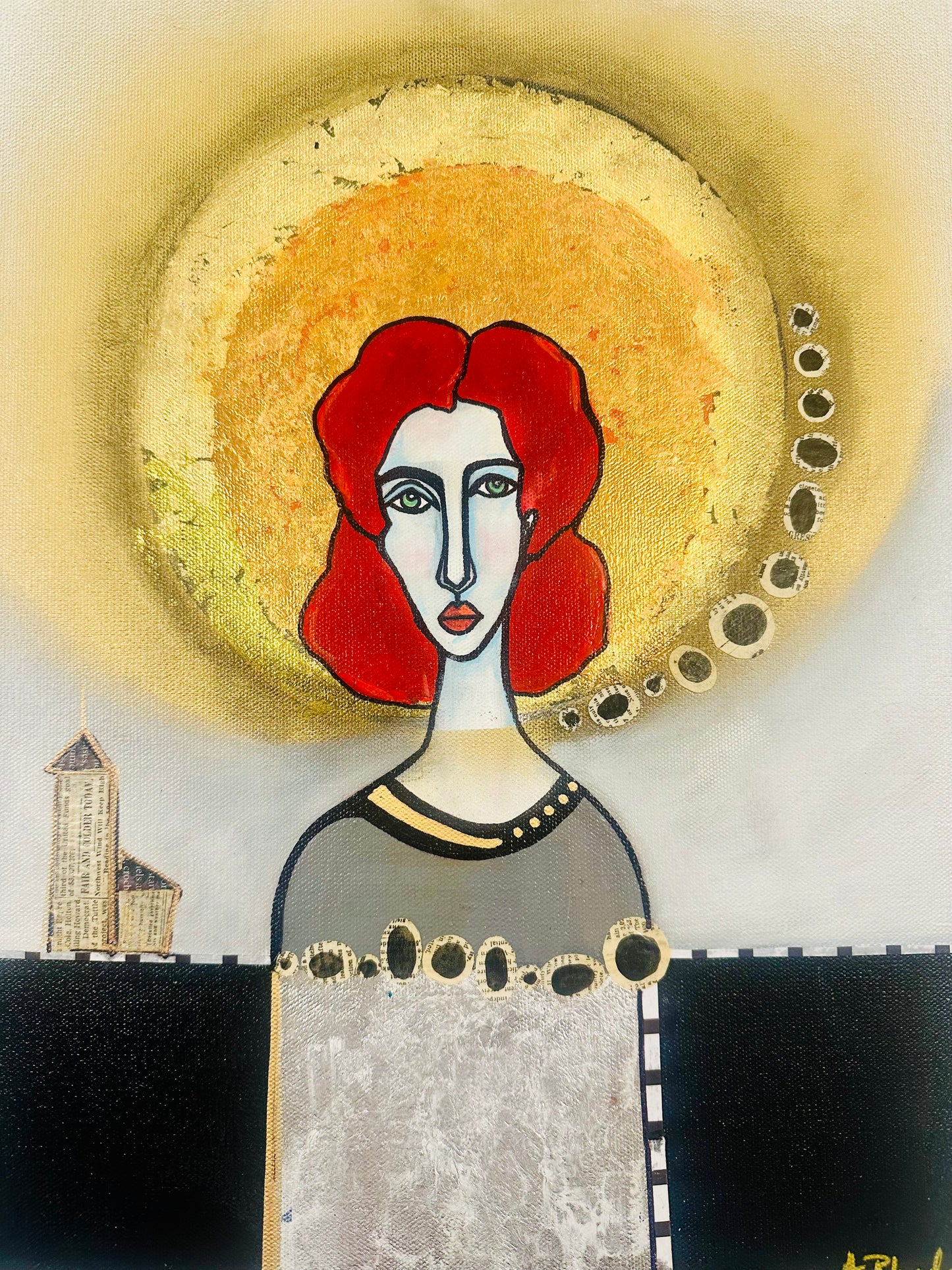 Original, signed painting-14x18” painted edge canvas: Abstract portrait w/ mixed media