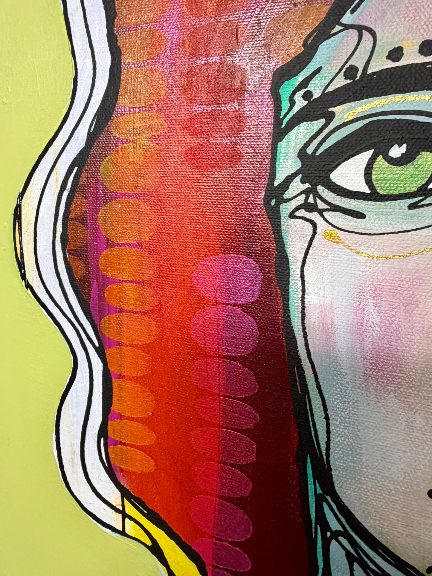 Original, signed painting-20x24”wide edge canvas: Abstract portrait with mixed media and collage edge