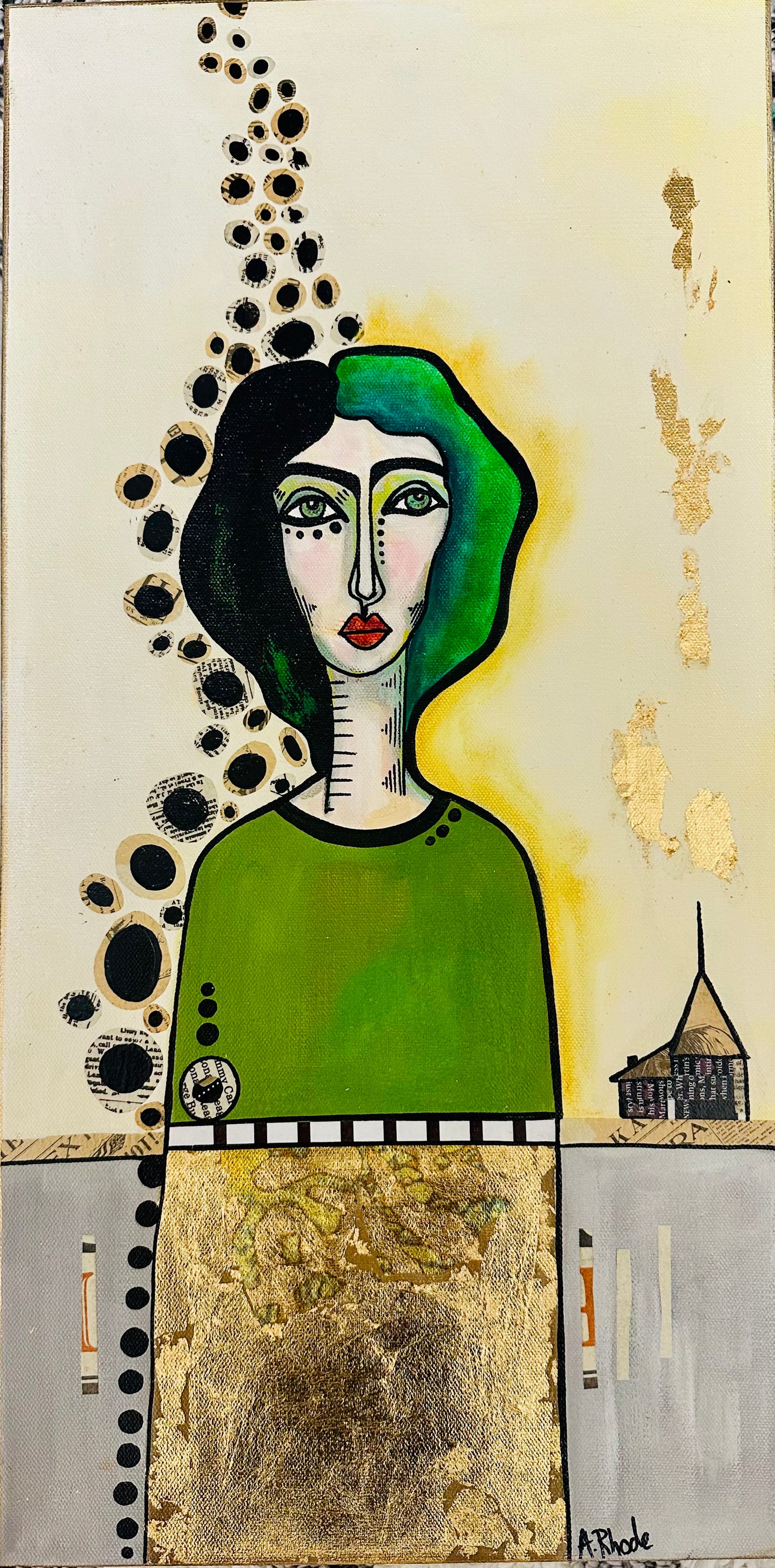 Original, signed painting-12x24” wide collage edge canvas: Abstract portrait w/ mixed media