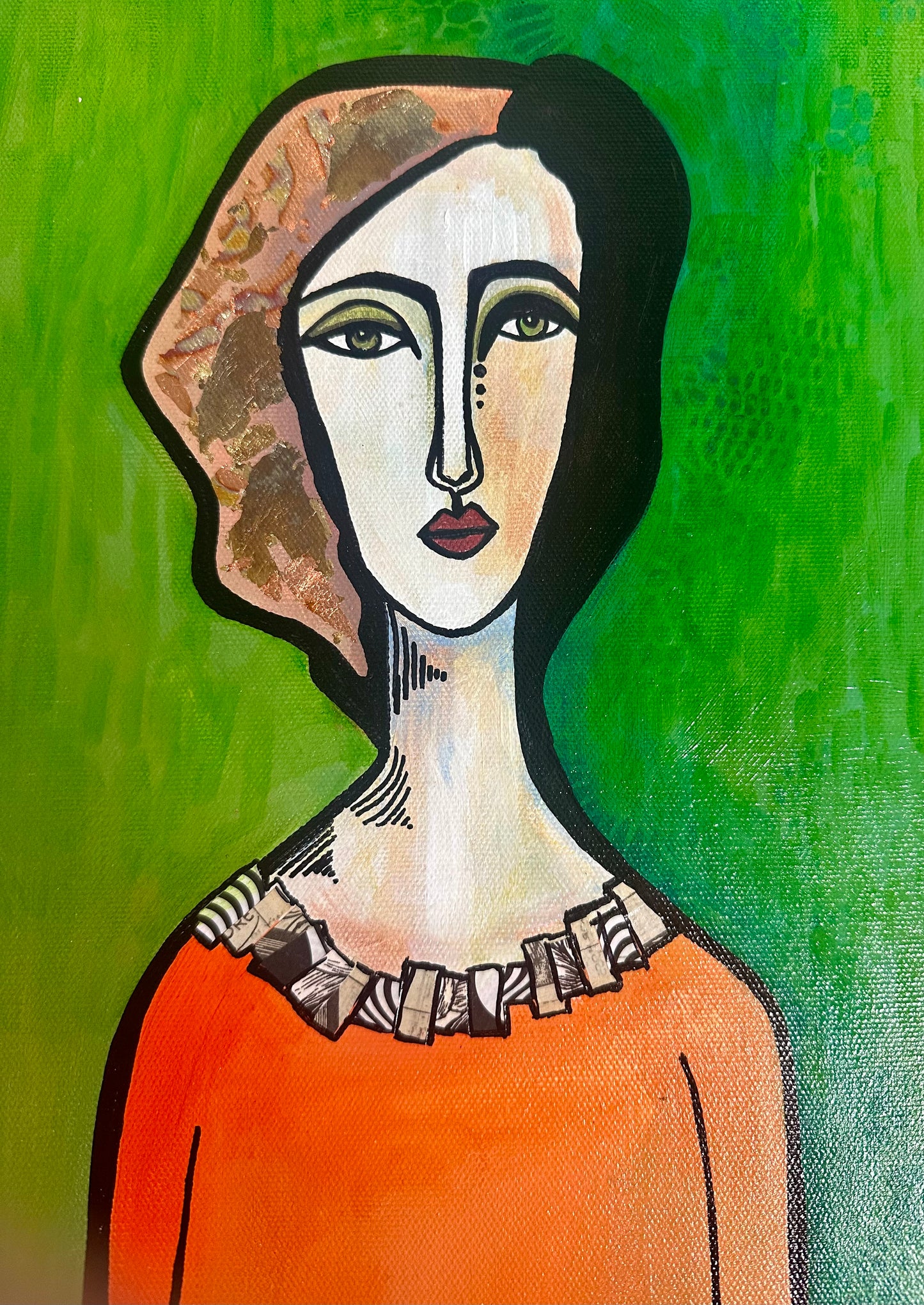 Original, signed painting-10x20” wide collage edge canvas: Abstract portrait w/ mixed media