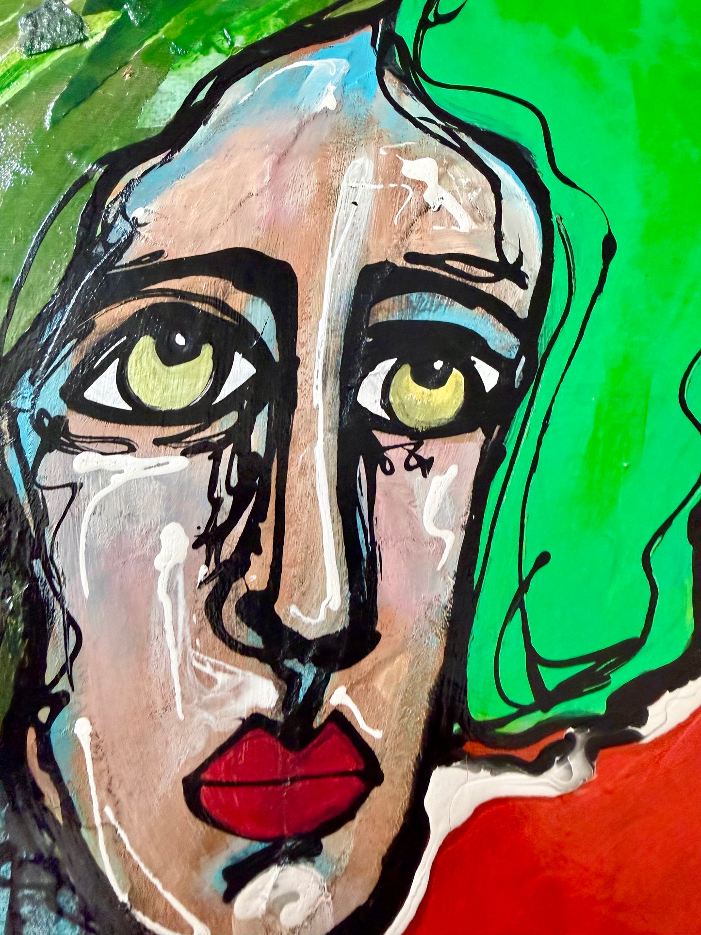 Original, signed mixed media painting/collage on box-framed wood panel. Abstract portrait w/mixed media -11x14”