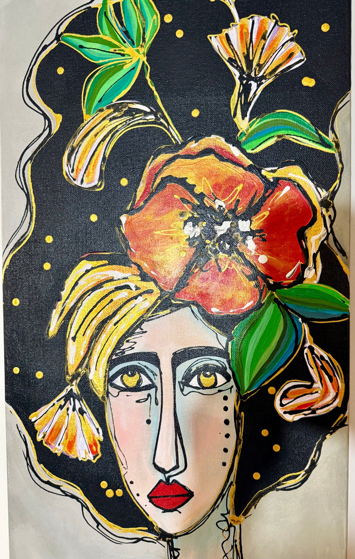 Original, signed painting-12x36” painted edge canvas: Abstract portrait with mixed media