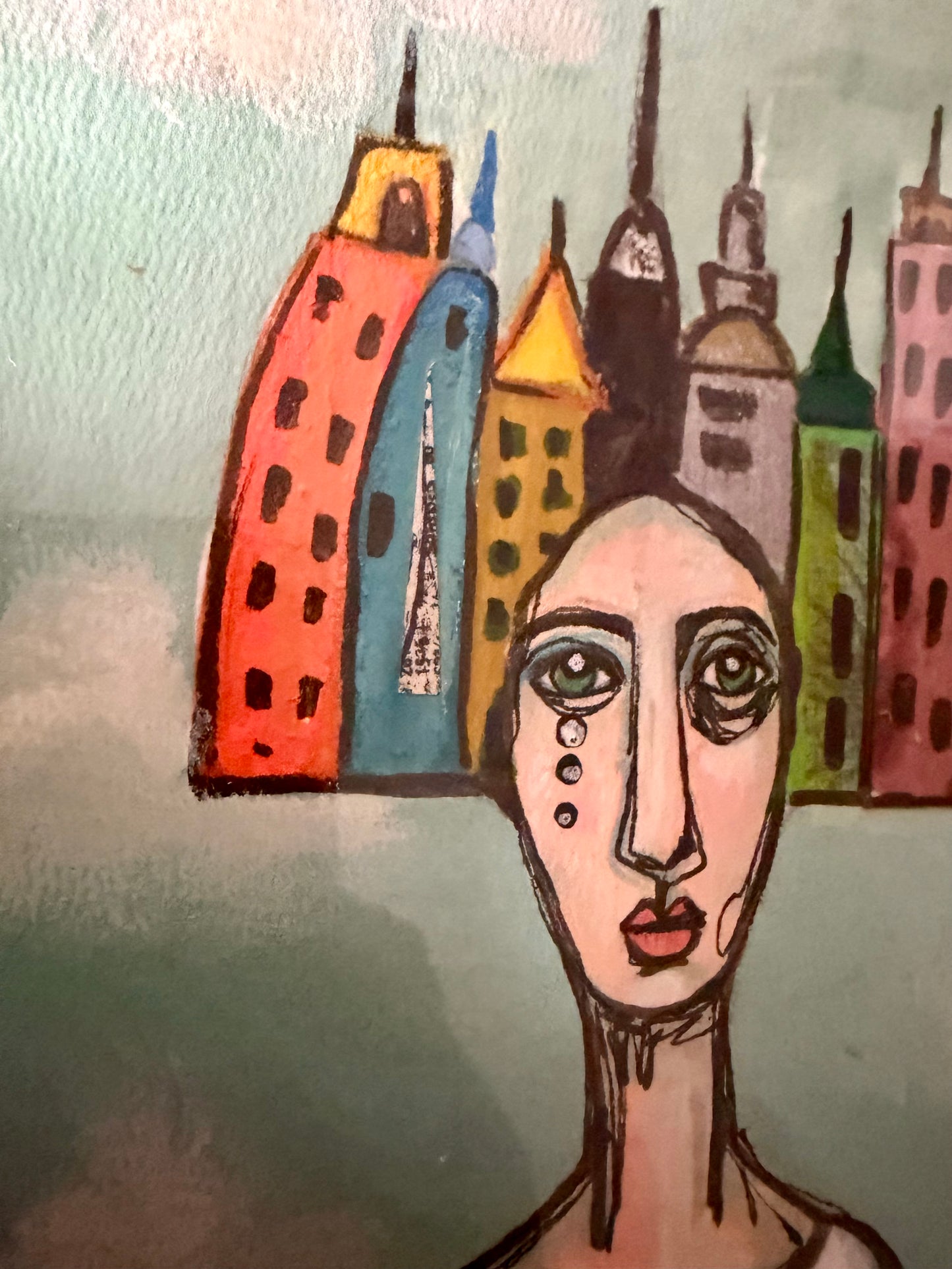 Original,signed painting/mixed media collage portrait on board in black frame, 10x12