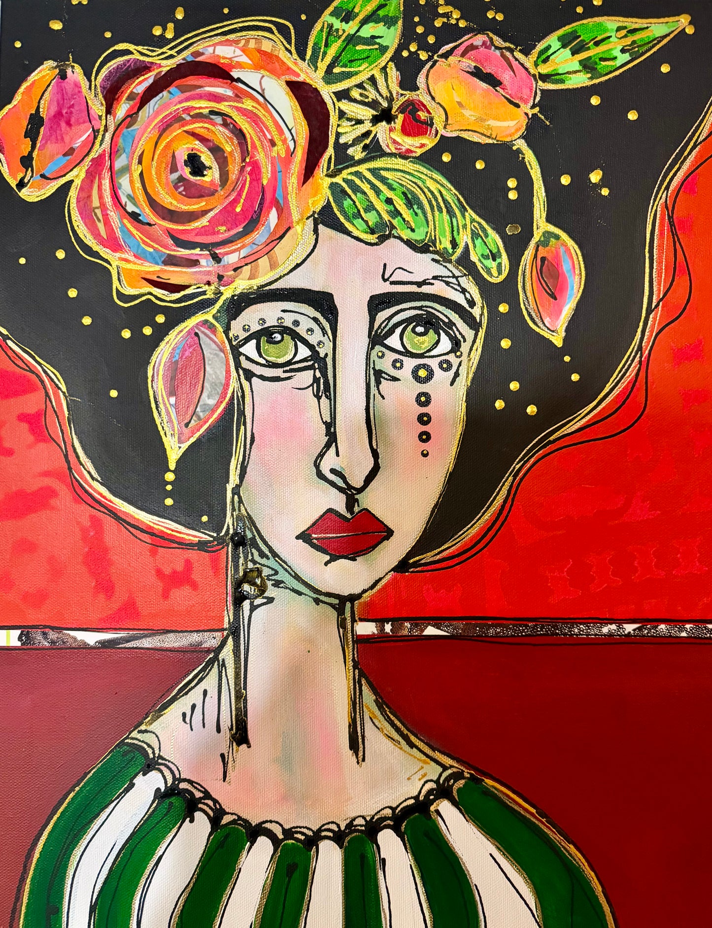 Original, signed painting-20x20”wide edge canvas: Abstract portrait with flowers/mixed media.