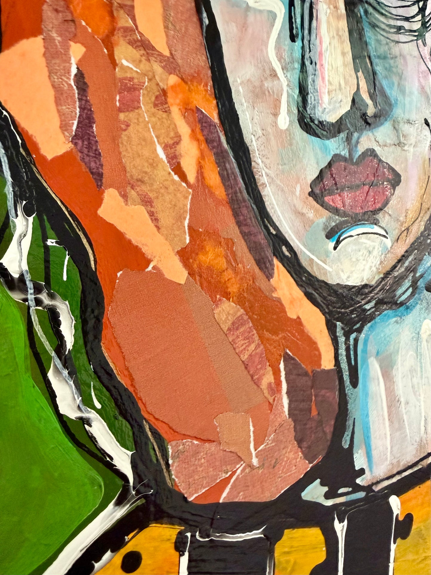 Original, signed mixed media painting/collage on box-framed wood panel. Abstract portrait w/mixed media -11x14”