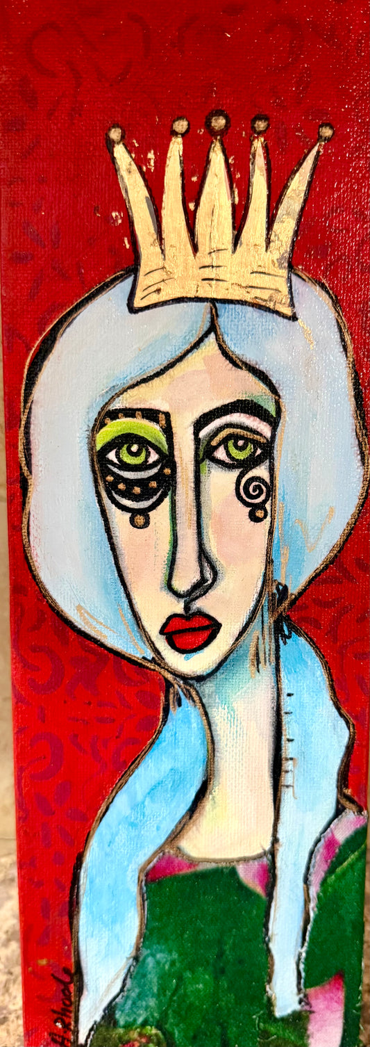 Original, signed mini /slender painting on canvas  Abstract portrait w/mixed media 4x12”