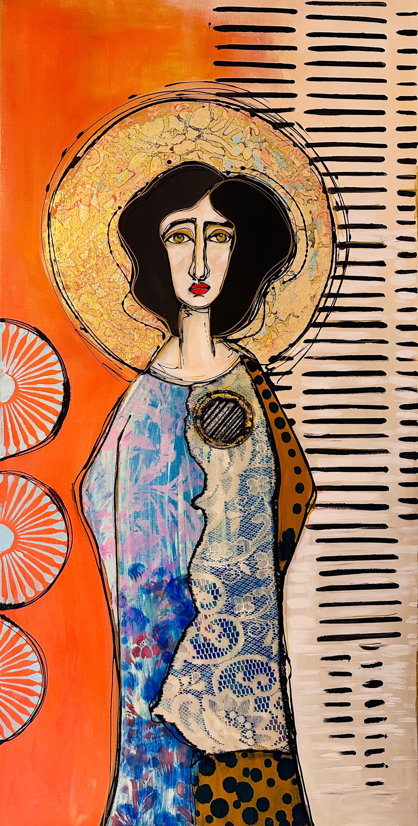 Original, signed painting-24x48”- black edge canvas: Abstract portrait w/ mixed media -“copper nimbus”