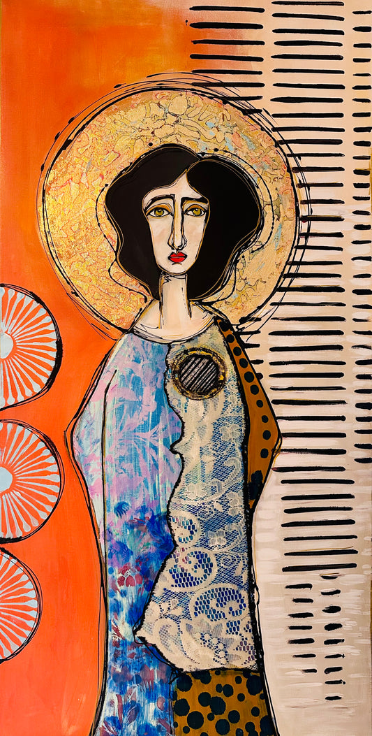 Original, signed painting-24x48”- black edge canvas: Abstract portrait w/ mixed media -“copper nimbus”