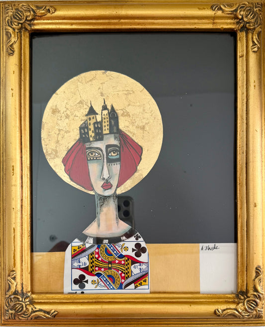 Original,signed painting/mixed media collage portrait on board in gold frame, 10x12”