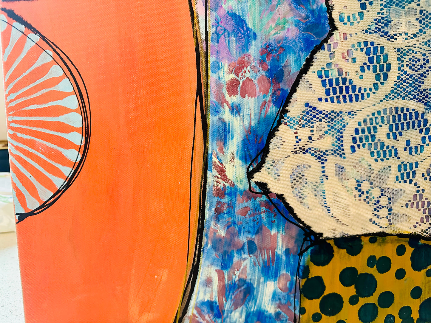 Original, signed painting-24x48”- black edge canvas: Abstract portrait w/ mixed media -“copper nimbus”