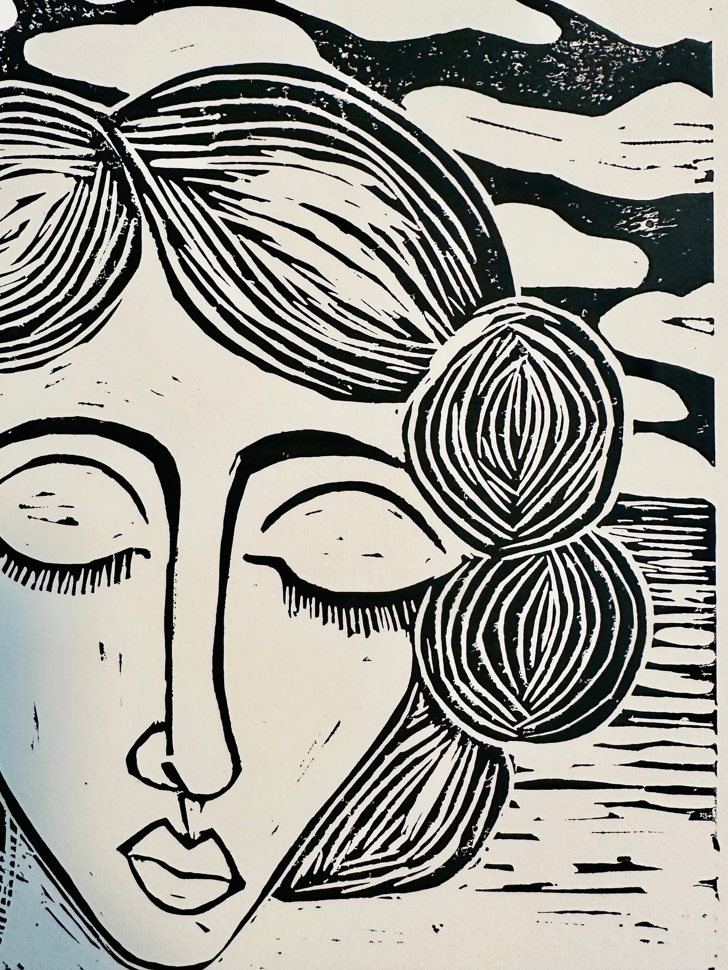 Original, hand-carved & pulled linocut block print - Unframed, 11x14 print “Bea”Abstract  Portrait.