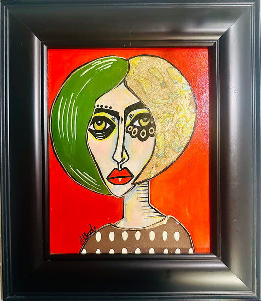 Original painting on canvas board in black frame, 12x14” Abstract portrait w/collage & gold leaf