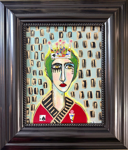Original painting on canvas in wide black frame, 19x22” Abstract prince portrait w/mixed media collage