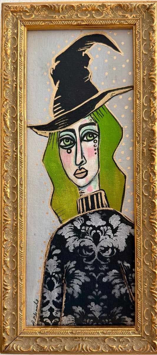 Original,signed mini Witch painting on canvas board in gold frame 6x12”