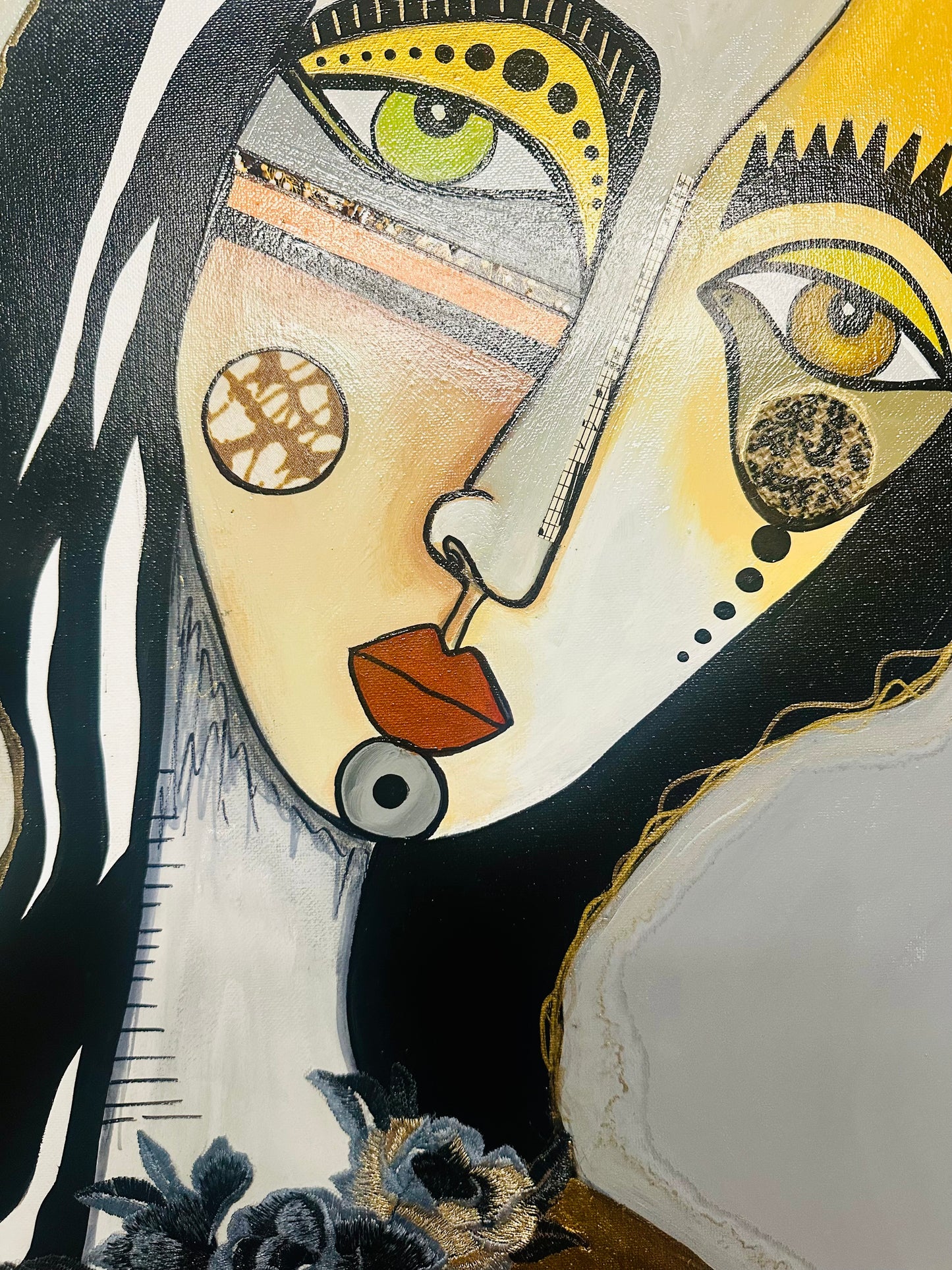 Original painting on canvas - ornate vintage frame-28.5x32.5 Abstract Portrait-w/ mixed media collage.