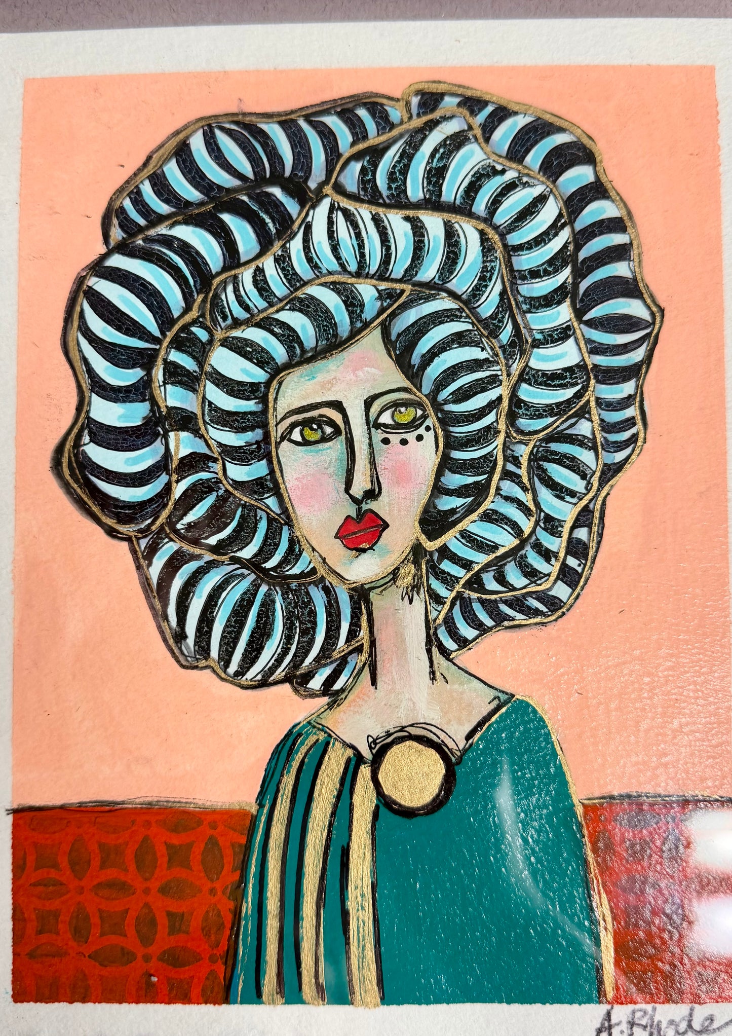Original,signed painting/mixed media collage portrait on heavyweight archival paper/board in black frame 10.5x13