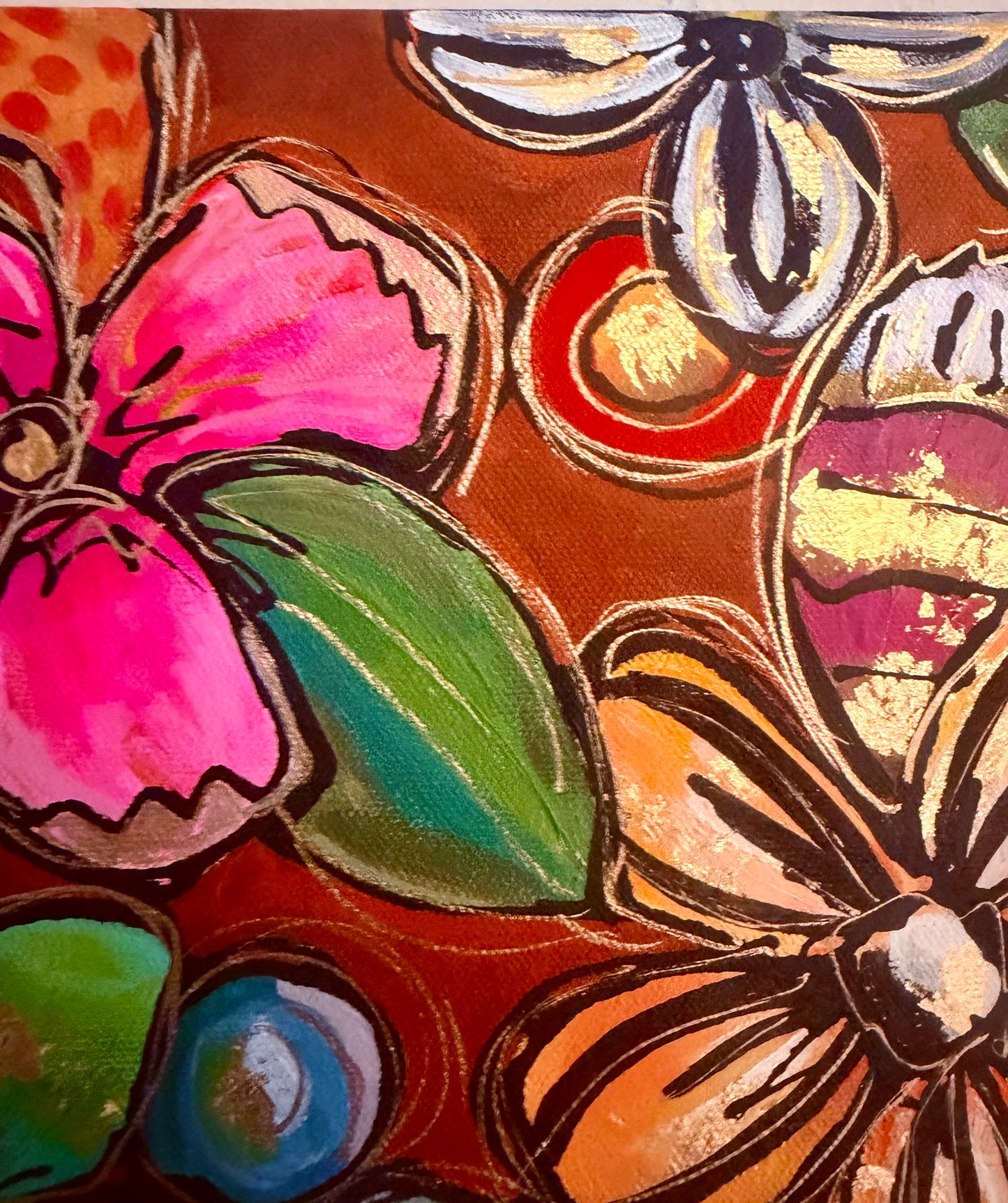 Original, signed painting-18x24”painted, wide edge canvas: Abstract portrait with flowers/mixed media.