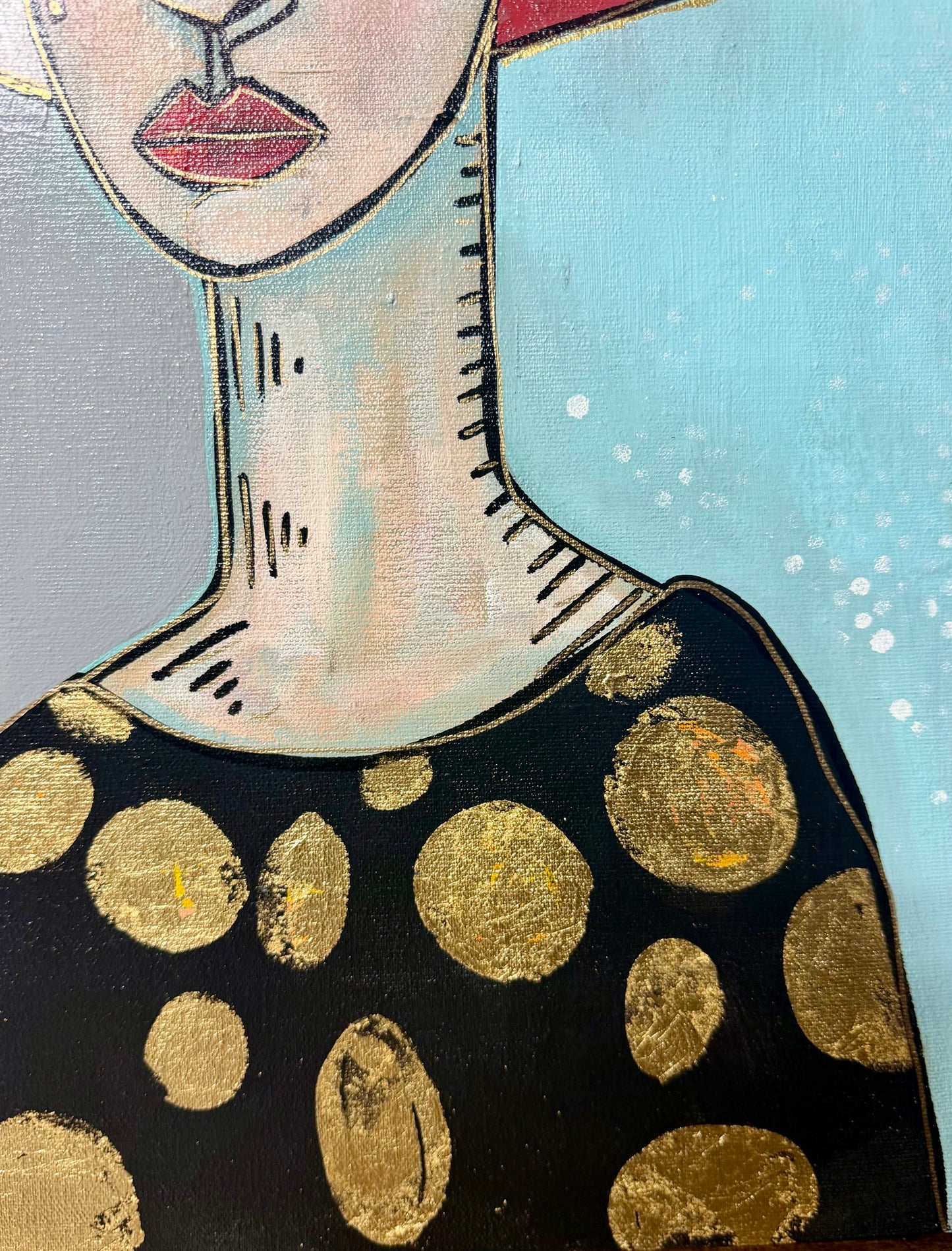 15x30” Original signed painting on painted edge canvas. Tall Abstract portrait, acrylic w/collage cityscape